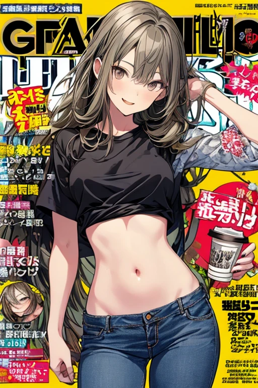  (masterpiece), (best quality), detailed, 1 girl, soro, (((beautiful detailed)))(cute face:1.2)(skinny), ((masterpiece)), ((best quality)), ((ultra-detailed)),((Beautiful girl)),(sexy happy style:1.3),brown eyes,slender waist , delicate, , brown hair, perfect face, perfect body, light smile, slender,perfecteyes,Rubric Maxim,pale skin, long hair, coffee shop,tight blue jeans,tight t-shirt, low-rise jeans,cup of coffee, (otaku game magazine cover:1.3),(with sparkling eyes and a contagious smile),her thin pubic hair:1.2, looking at viewer 