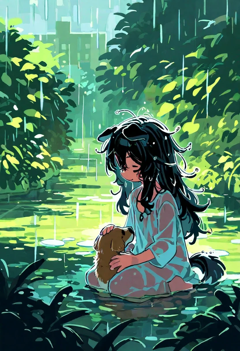 1girl, solo, dog girl,
shortstack, long hair, messy hair , 
happy, see-through, wer blouse, loose shirt, wet body, wet hair,  

spring, day, rain, urban, 
petting Puppy,  





best quality, highres icon,highly detailed, 