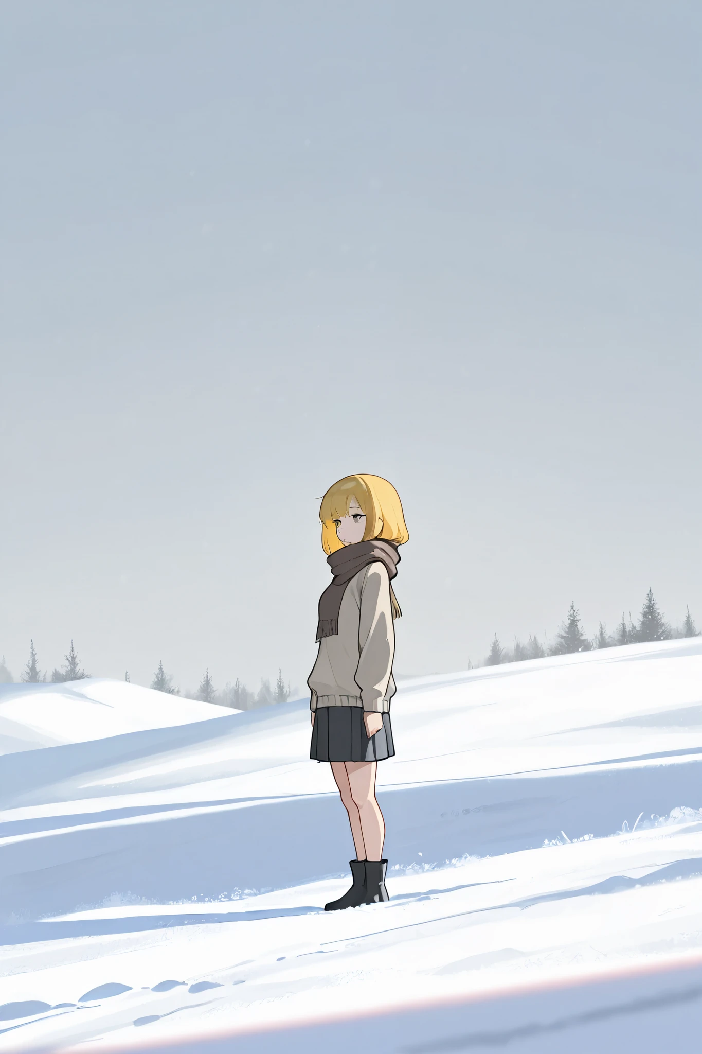 best quality, masterpiece,highest resolution, 1girl, solo, yellow hair,long cut, expressionless, gray eyes, sweater,scarf, skirt, snow background, (big breast:0.6), standing, {far away view}, focused on background,far away, wide shot, far shot, looking sky, side view