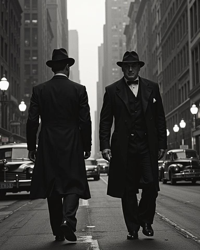 ((Black and Whitemovie poster)),Black and White,Chicago cityscape in 1920s America,Italian mafia members wearing black Giorgio Armani suits and coats2people,イタリアpeople,Al Pacino,A scene from the movie The Godfather,high resolution, , art,Bank Robbery, American style advertising poster, movie poster,The title and description of the movie are written