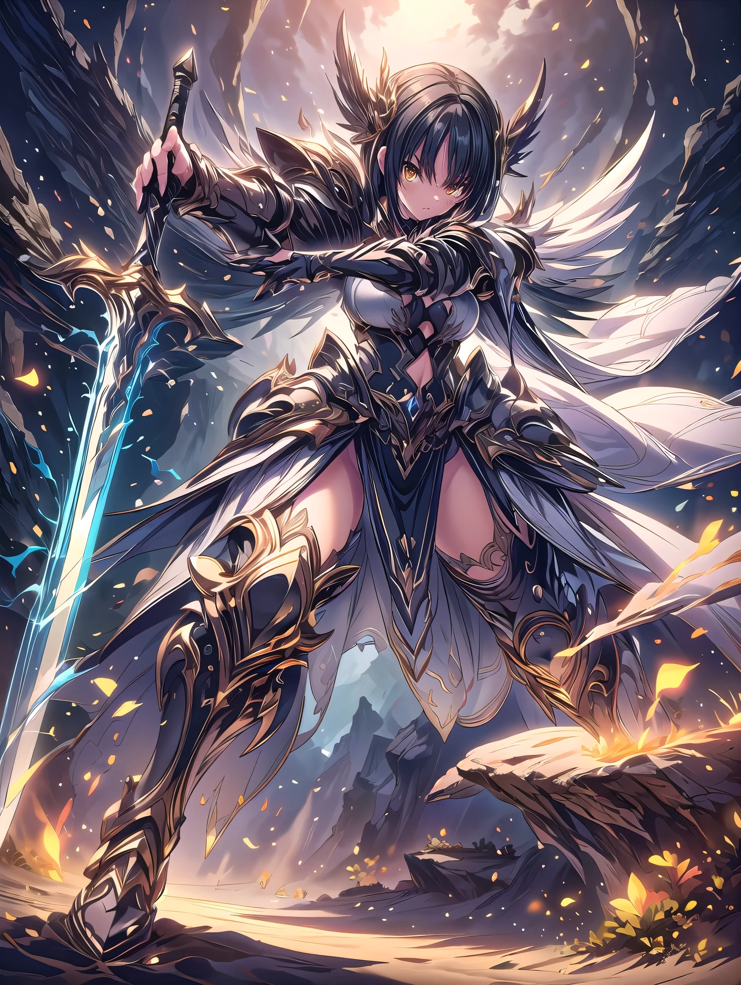(((masterpiece, best quality, high detailed, 16k))), A girl holding a sword in her hand, female goddess, Ornate Sword, sand sword, Planted Sword, (close-up of sword), yellow eyes, black hair, big breasts, white bikini dress, white cloak, powerful and fantastic full armor, cropped shoulders armor, plate armor, skinny waist, cleavage, thighs, thigh highs, glaring, weapon, (sword:1.3), fighting stance, dynamic angle, attack battle form, gripping, magnificent, epic, majestic, magical, fantasy art, cover art, sand and desert background. (detailed face), (detailed eyes), ((full body front view)), (extremely detailed:1.5)