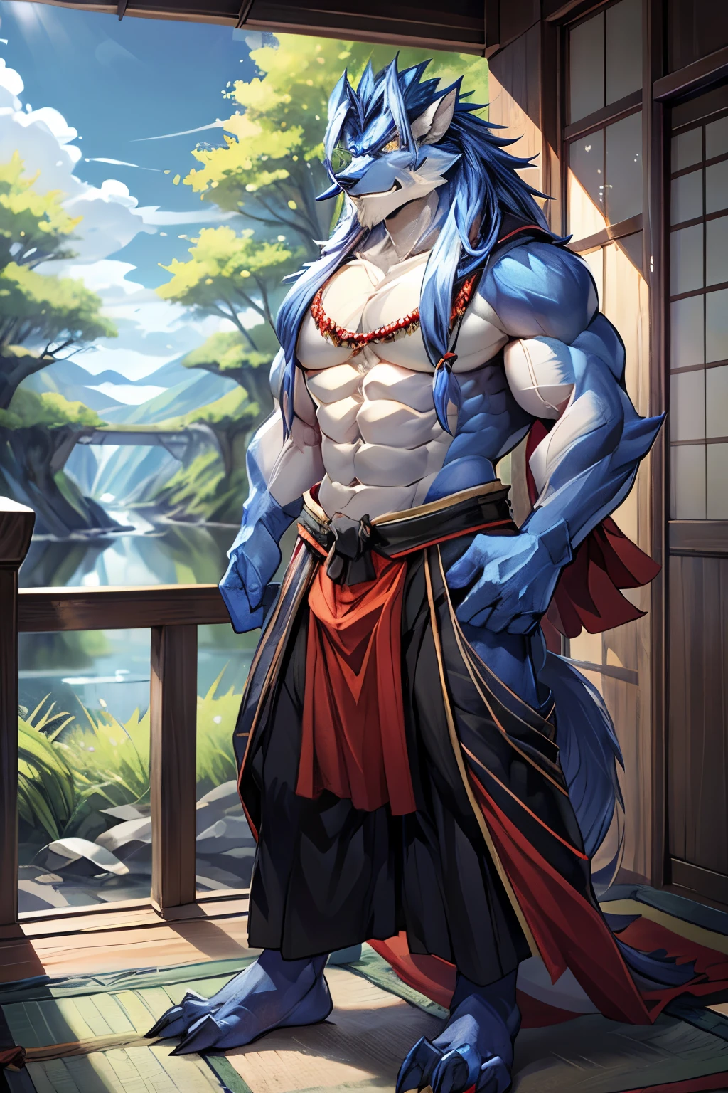 male furry,bara,Muscles,perfect anatomy,smooth,huge biceps,handsome,solo, blue japanese clothes,woue skind, colors smet, shom,adm, colors colors, colorsald, shealm, colorsal, colors, colors, colorsalsd ground,feet spread,Japanese style room,full body,jewelry,(pattern blue japanese clothes:1.2),large pectorals,smile,nipples,beard,mature male,facial hair,bare pectorals,blue,,fored, open, nirgins, daird, neldk, daird, f片, dairotails, dairl. clothes,abs,tusks,two color skin,navel,crotch bulge,Landscape background,Scenery outside the。