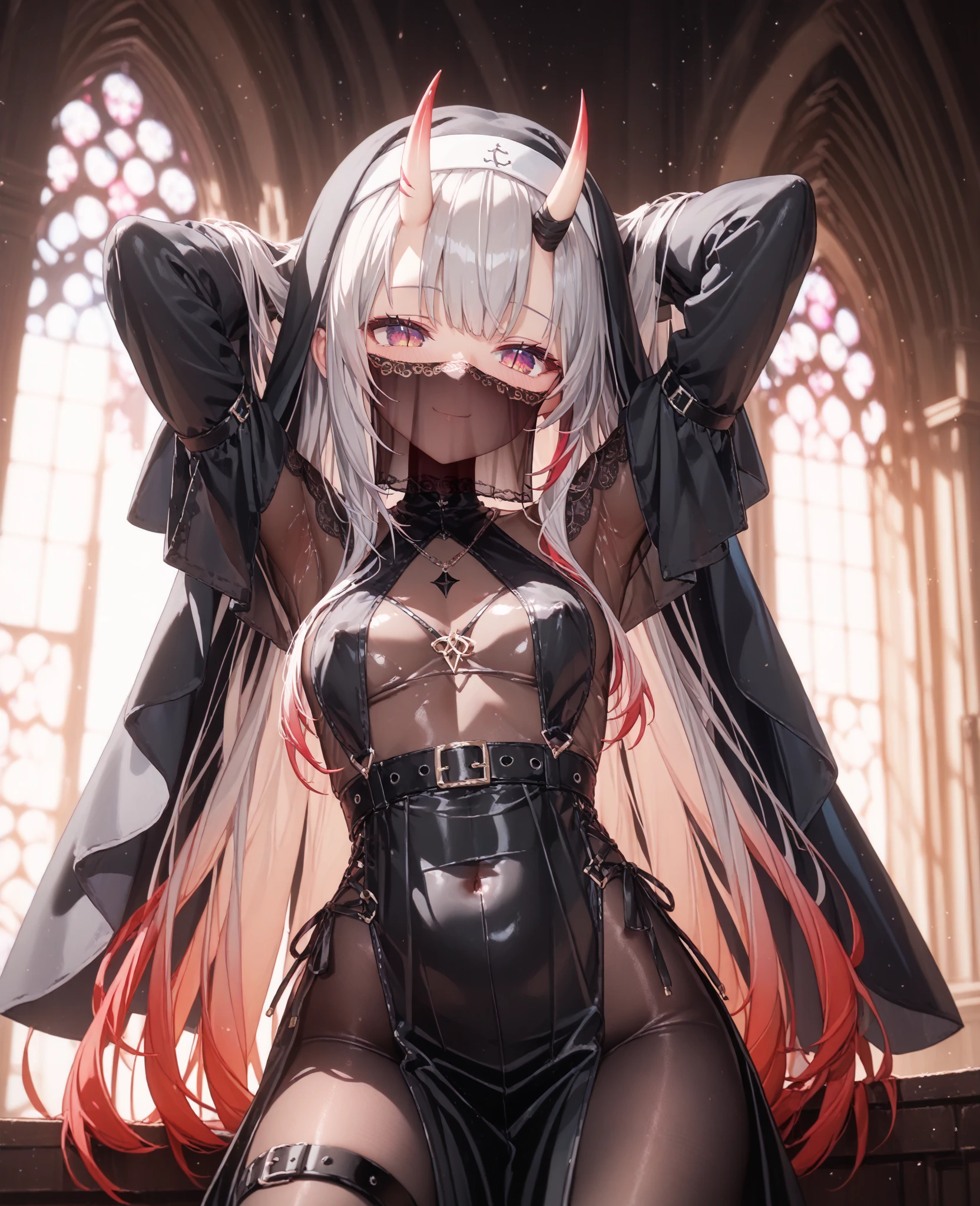 Silver long hair, succubus, dark skin, horn's, red eyes, small breasts, elf ears,