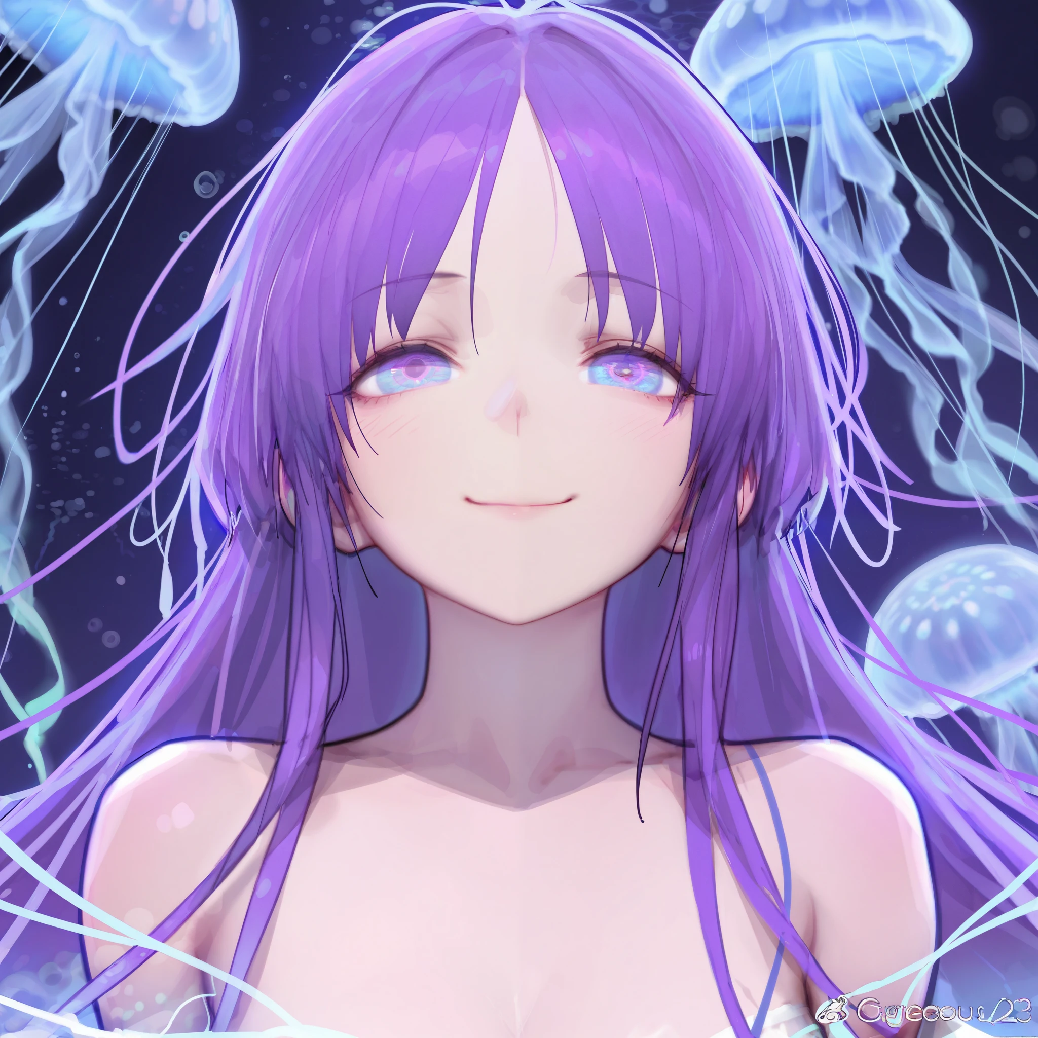 1 girl, gorgeous female, good face, the eyes were purple, purple hair, had a long haircut like Jellyfish, smiled,and white background.