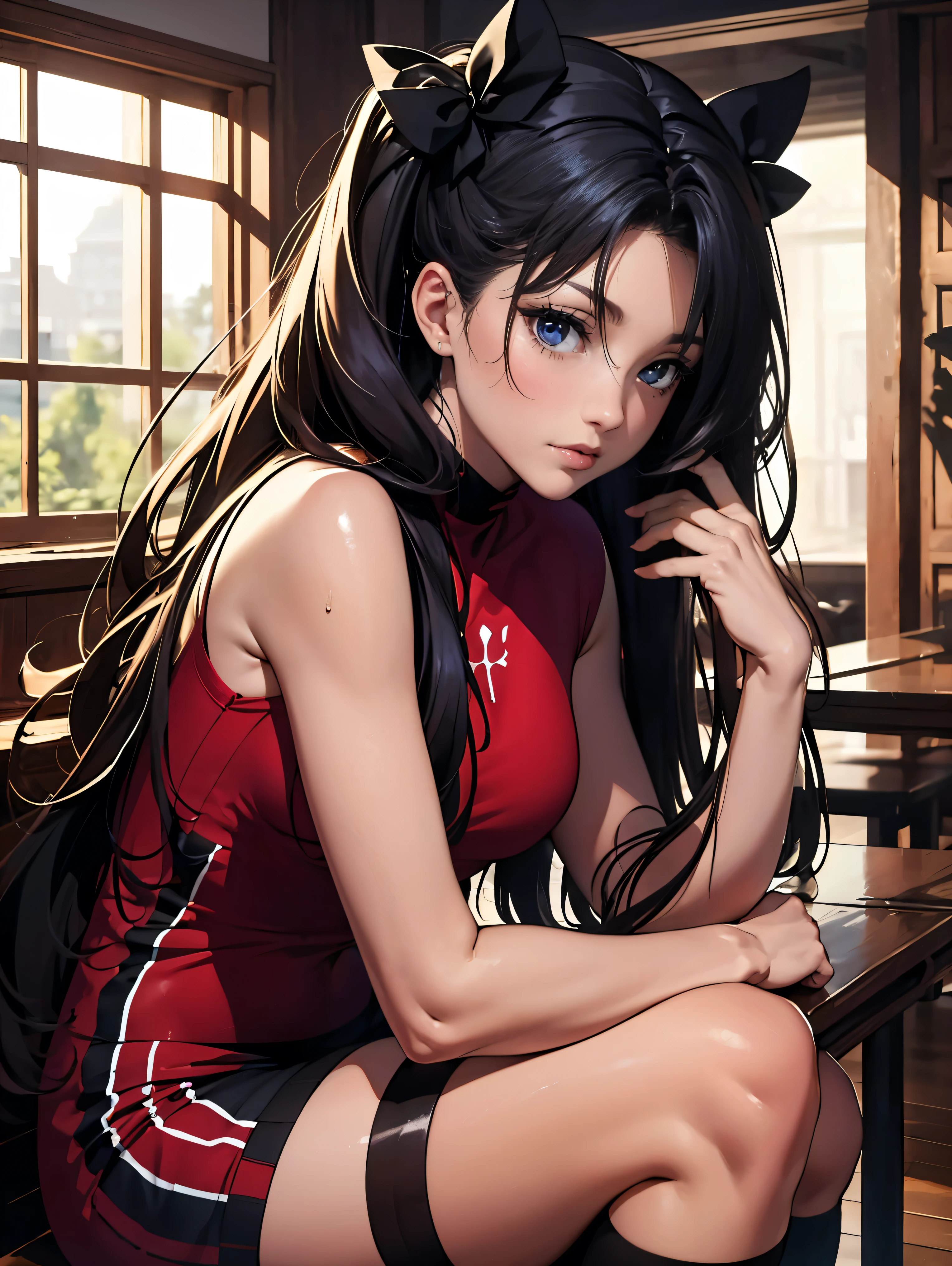 ((masterpiece)), (best quality),, official art, extremely detailed CG unity 8k wallpaper,Portrait, highly detailed, shiny skin,sexy, wearing ((In red sexy jersey,high knee socks, modern photographing)),tight, sexy,virgin, poses ((random)), vivid color,, 1girl, (curvy:0.6), (full body:0.8), cute young woman, cute young girl, long black hair, shiny hair, Rin Tohsaka From Rin fate stay right, high shadow texturing, shadows included, single person, nobody else, bottom view to top, bottom view of character, character standing, posing for photo, epic photo