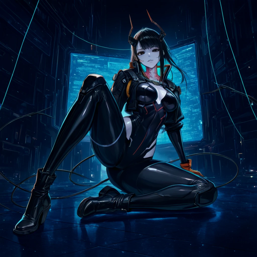 (finely best quality illustration:1.1), (1girl, solo:1.1), (black short hair:1.1), (masterpiece, ultra high quality), (standing), (full body), (1girl), (solo), (female focus), (Singular, large horn), (monster girl), (Messy bob-cut with sharp bangs), ((bangs covering eyes)), (big eyebrows), (angry eyes), (long tailbone in rear) (Cute anime snake eyes), (limbless female body) Coral Snake Beastman, Orange eyes, Black hair, Furry, 1 girl, angry eyes, red black and yellow scales, harness with mechanical limbs, amputee body