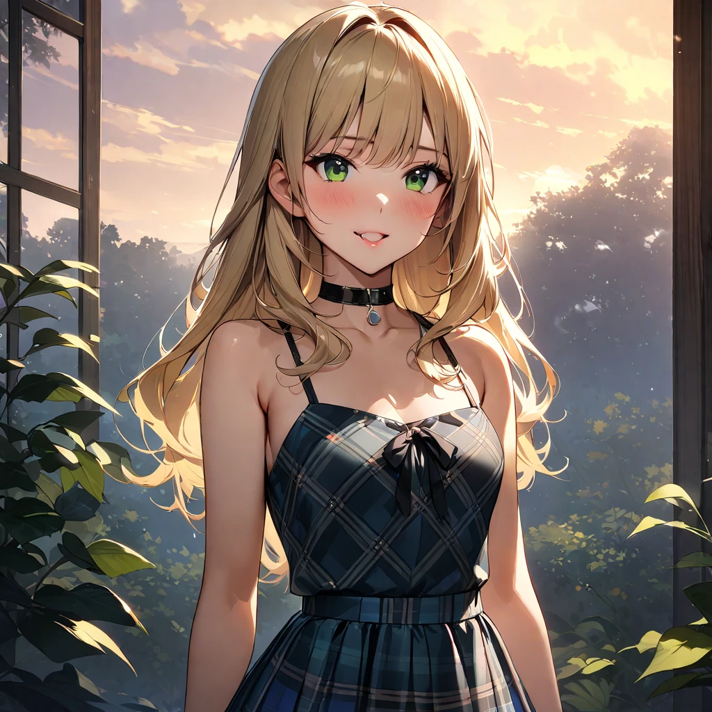 (best quality, ultra-detailed, photorealistic: 1.39), bright and vibrant colors, studio lighting, romantic expression, An effeminate Girl, with a delicate and beautiful face. She is a girl who reflects seductive beauty, sparkling blue eyes, extremely beautiful Girl, perfect lips in a soft smile , Girl, fuzzy, beautiful blonde, long, silky hair, necklace, beautiful strapless black dress with crystals embedded in the dress,She has beautiful small breasts, beautiful white dress, dress with straps, ruffles on the dress, voluminous fabric, in the garden at home, garden, anime style, Anime Bishoujo