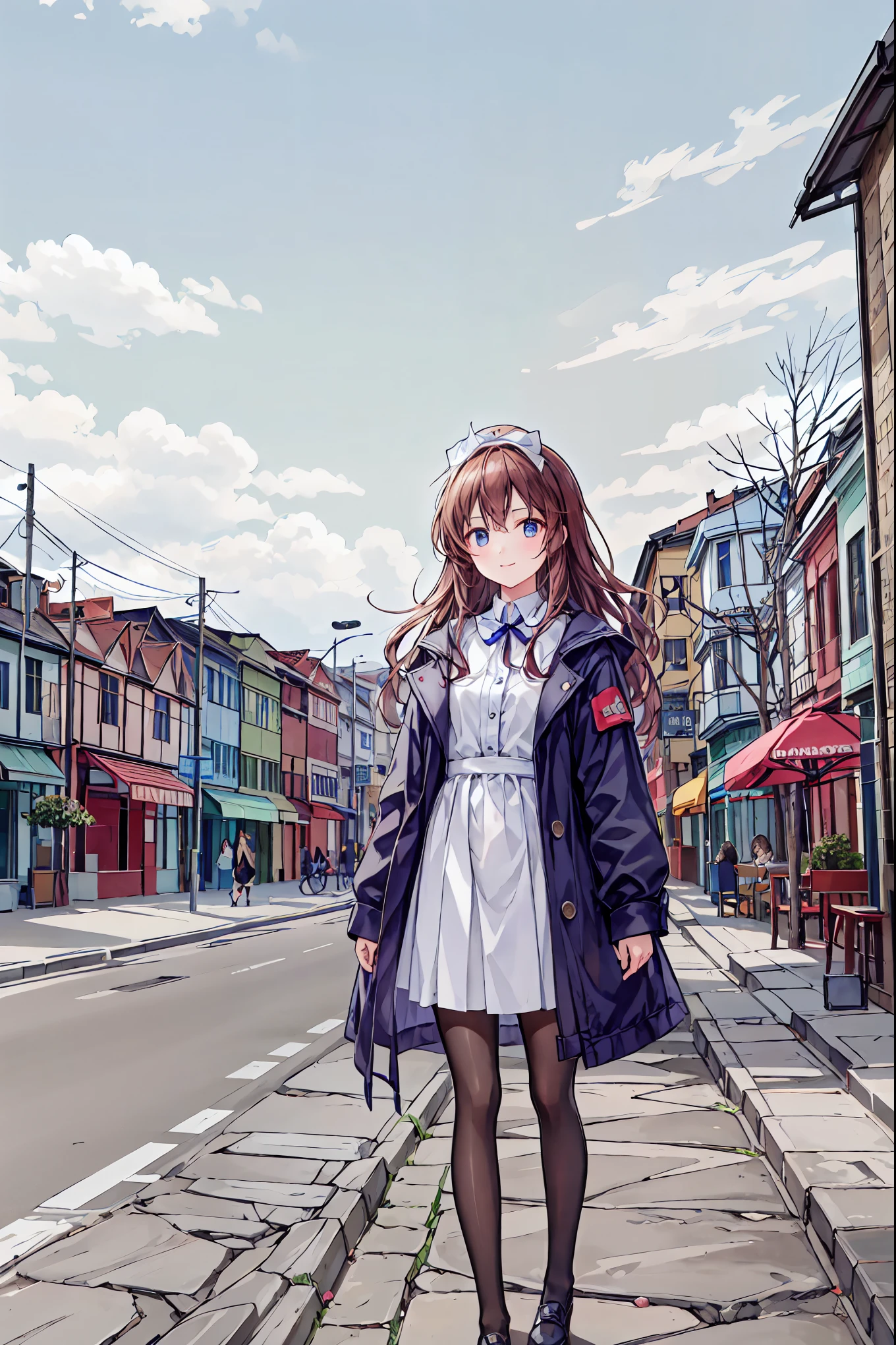 Anime girl in a short dress and coat standing on a street - SeaArt AI