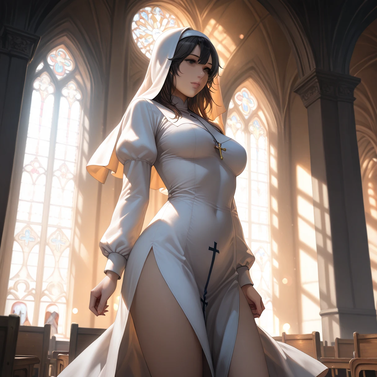 ((multiple medium thick body mature women age 35 American milf super model)) wearing nuns robe, cathedral balcony, show back view, show front view, open skirt, look at viewer smiling, bend over, (((1man standing behind skirtlift hug, show panties)))