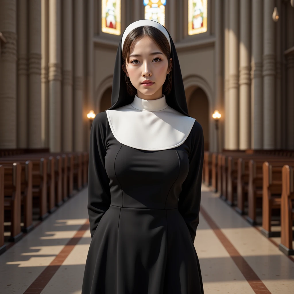 Young beautiful woman、Skinhead、Nun's attire、He has a huge sniper rifle , She's at the altar of the chapel, Stained glass、