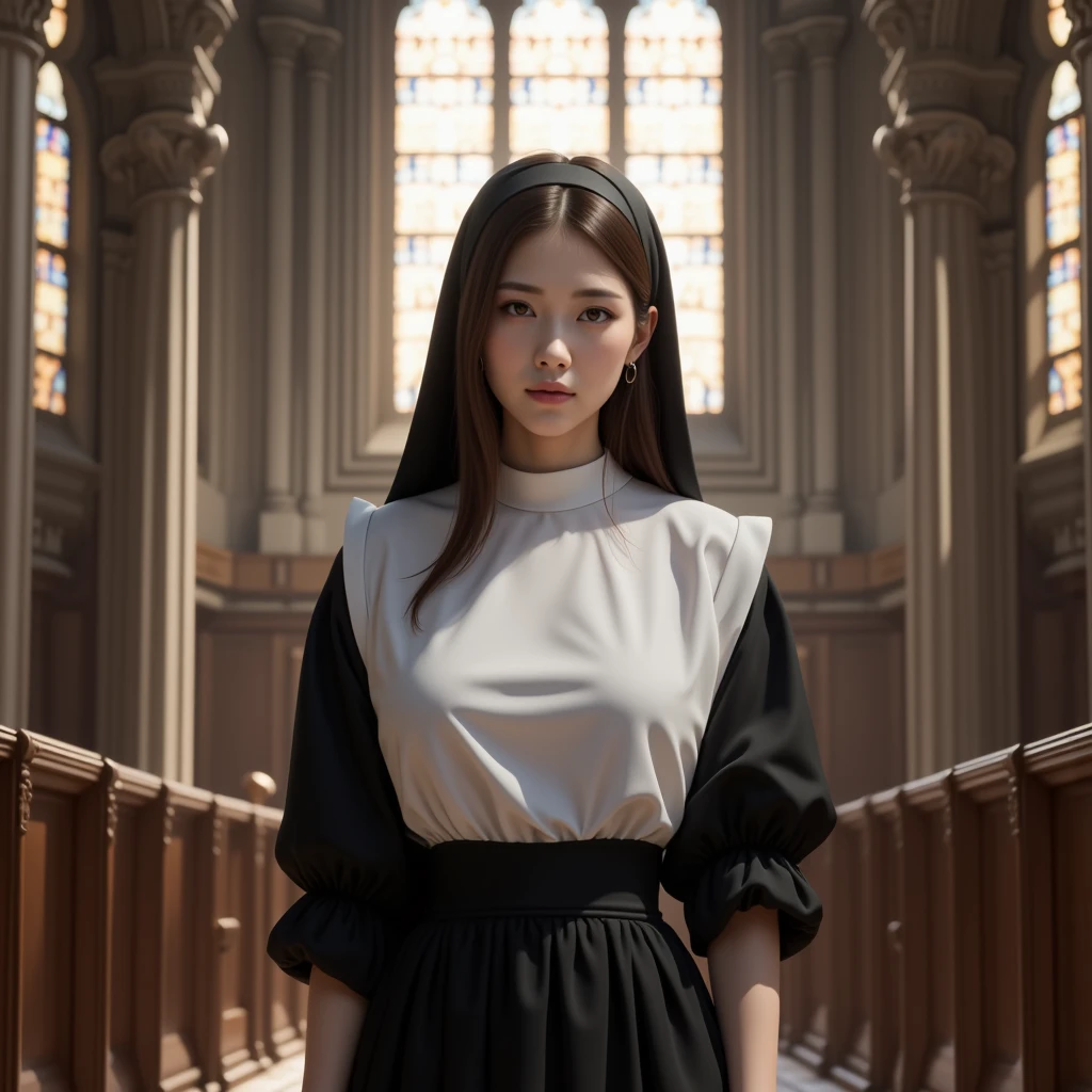 Masterpiece, best quality, 1girl, <lora:kwFemaleBeta32_v13:0.6>, nun, church, cross, bible