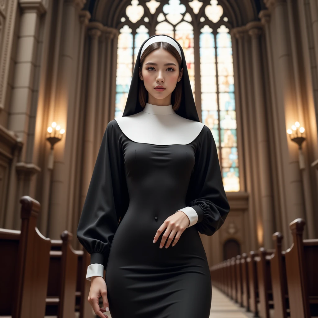 Photorealism score_9, score_8_up, score_7_up,   <lora:AkiRossPONY-000007:1> AkiRossSDXL wearing an (intricate:1.3) (revealing:1.4) black latex (nun outift:1.2) in a futuristic monastery,view to cyberpunk skyline, best quality, masterpiece, 4k, uncensored, prefect lighting, rating_explicit, very aesthetic, BREAK, Photorealism, often for highly detailed representation, photographic accuracy, or visual illusion.