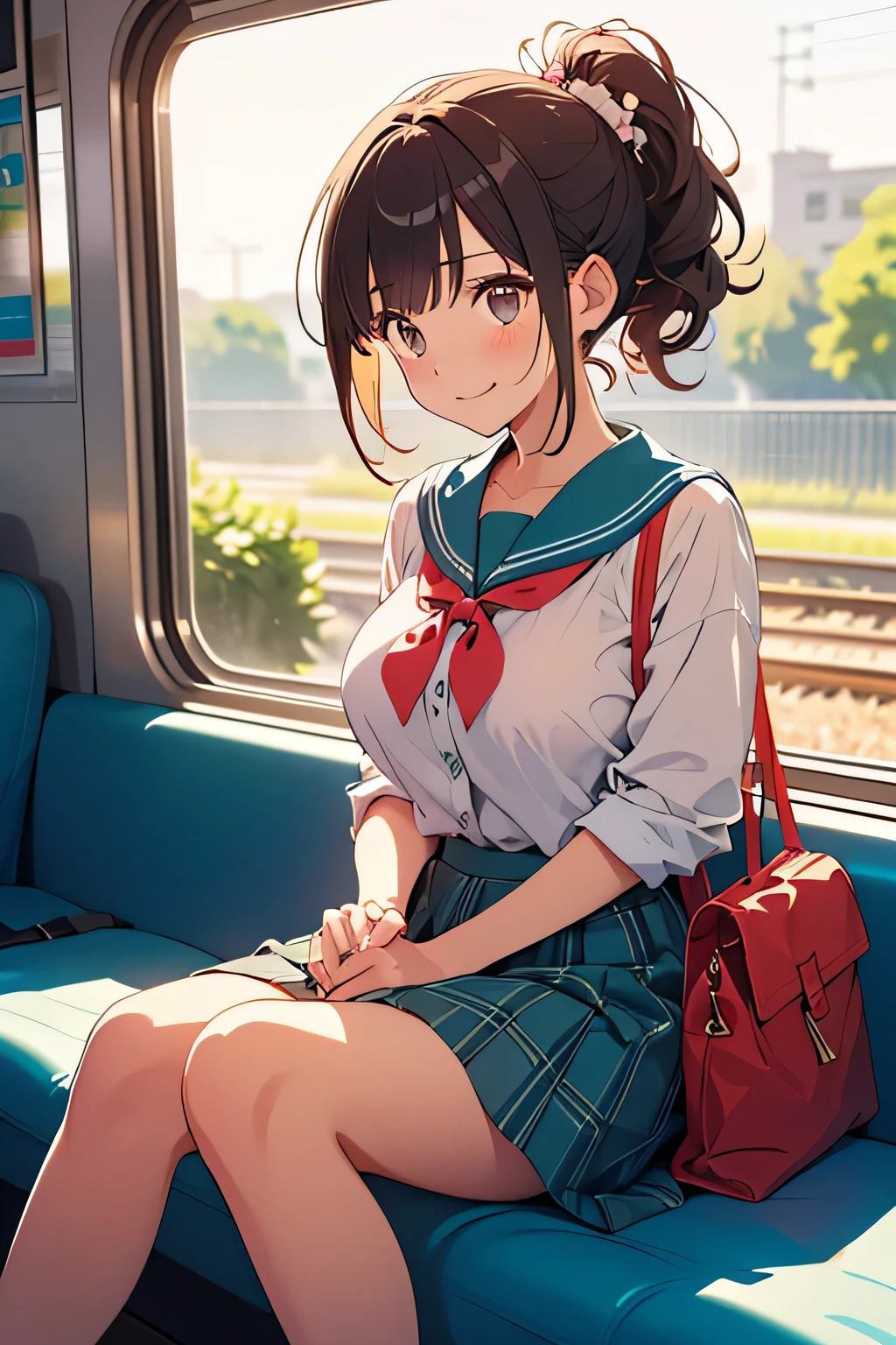 TOP QUALITY、high resolution、(HD:1.2)、masterpiece、詳細な背景、age beauty、( huge breasts:1.2)、(Highly Detailed Face:1.2)、 detailed expressions 、(detailed eyes:1.2)、anatomically correct、(Normal number of fingers:1.3)、Bright-colored hair、 braided bob cut 、ponytail、Station Home Dyed by the Sunset、Long shadows stretch to your feet and you can hear the sound of the train running slowly from a distance、Girls in uniform line up and laugh happily while waiting for the train、when looking into the smartphone screen, shake your shoulders and keep chatting with a small, bouncy gesture、The hem of the skirt swings softly every time it blows, and the small mascot on the bag swings、Distribute candy taken out of your pocket and softly drift with a sweet scent、when an announcement of the approach of a train is played, the girls look all at once and the sunset reflected on the window glass gently illuminates their smiles、After School Moments: Calm, warm air that spreads in casual time、
sailor suit、sailor color、 wear a plaid skirt to make it look mature and stylish 、Wear a cute flared skirt with pearl buttons、 you are wrapped in joy when you fly 、小さめのジャケット風トップスに wear a plaid skirt to make it look mature and stylish 、 and hold each other while crying when victory is decided 、 half-up with a ribbon and 、cute