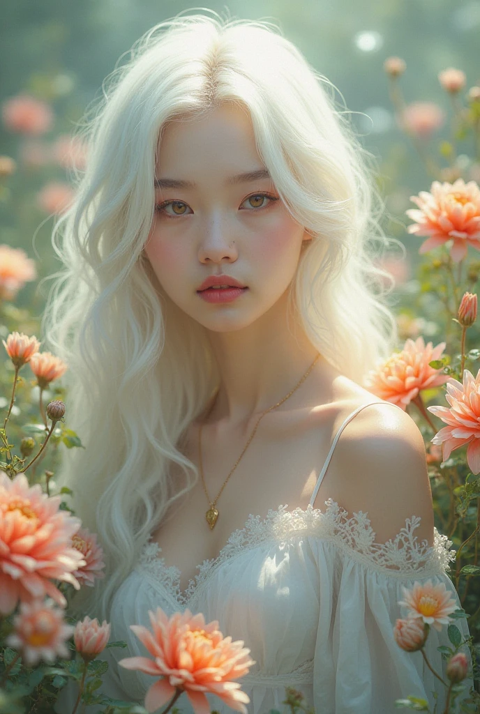Long-haired, white-haired Korean woman, beautiful face showing her cleavage, (full body:1.5) , wearing casual clothes in a flower garden. Surrealistic style, pastel tones, mid shot, dramatic lighting.