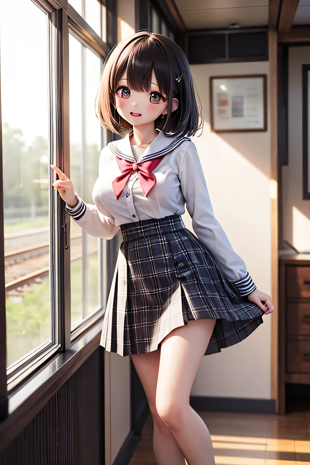 TOP QUALITY、high resolution、(HD:1.2)、masterpiece、詳細な背景、age beauty、( huge breasts:1.2)、(Highly Detailed Face:1.2)、 detailed expressions 、(detailed eyes:1.2)、anatomically correct、(Normal number of fingers:1.3)、Bright-colored hair、 braided bob cut 、Station Home Dyed by the Sunset、Long shadows stretch to your feet and you can hear the sound of the train running slowly from a distance、Girls in uniform line up and laugh happily while waiting for the train、when looking into the smartphone screen, shake your shoulders and keep chatting with a small, bouncy gesture、The hem of the skirt swings softly every time it blows, and the small mascot on the bag swings、Distribute candy taken out of your pocket and softly drift with a sweet scent、when an announcement of the approach of a train is played, the girls look all at once and the sunset reflected on the window glass gently illuminates their smiles、After School Moments: Calm, warm air that spreads in casual time、
sailor suit、sailor color、 wear a plaid skirt to make it look mature and stylish 、Wear a cute flared skirt with pearl buttons、 you are wrapped in joy when you fly 、小さめのジャケット風トップスに wear a plaid skirt to make it look mature and stylish 、 and hold each other while crying when victory is decided 、 half-up with a ribbon and 、cute