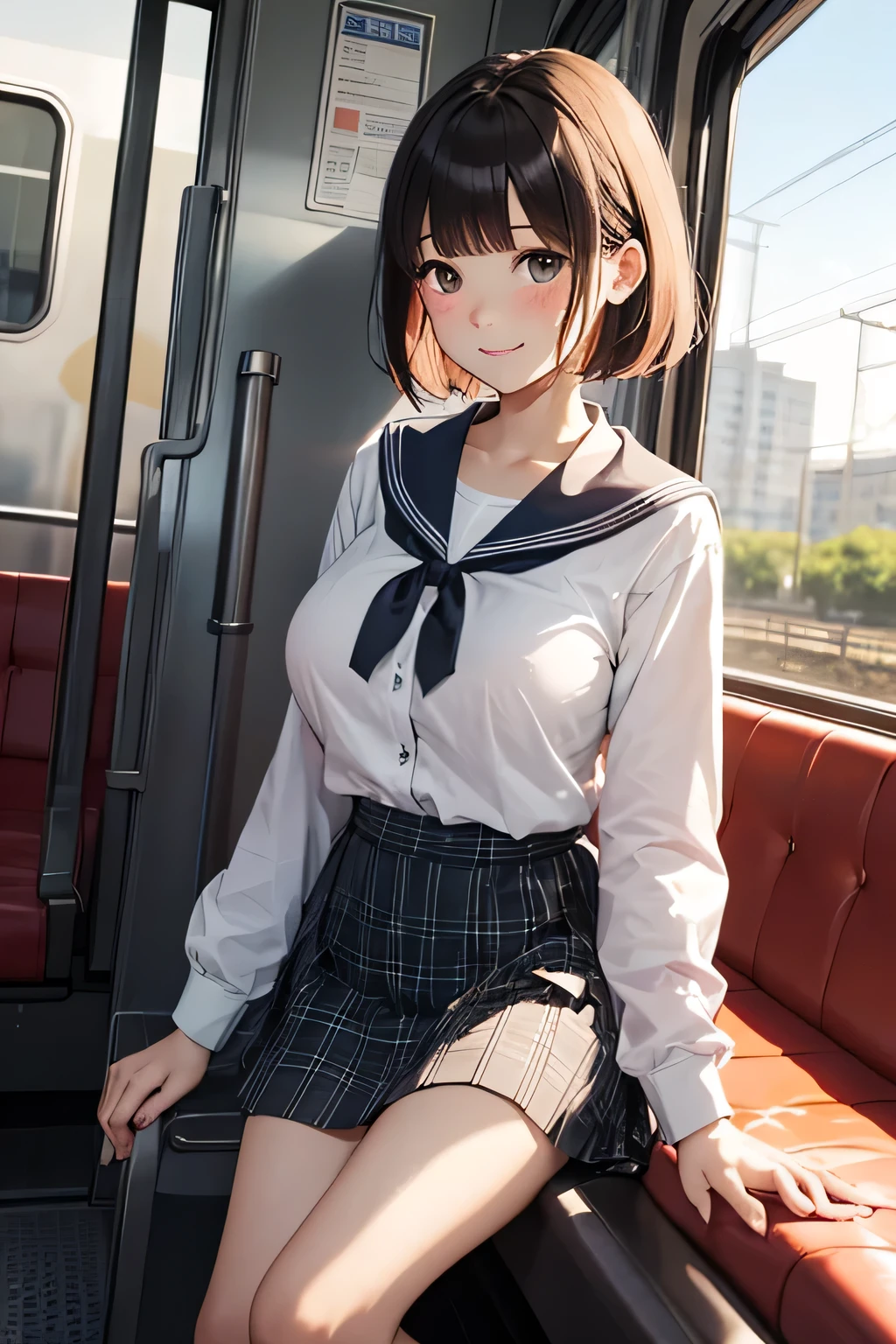 TOP QUALITY、high resolution、(HD:1.2)、masterpiece、詳細な背景、age beauty、( huge breasts:1.2)、(Highly Detailed Face:1.2)、 detailed expressions 、( Details:1.2)、anatomically correct、(Normal number of fingers:1.3)、Bright-colored hair、 braided bob cut 、Station Home Dyed by the Sunset、Long shadows stretch to your feet and you can hear the sound of the train running slowly from a distance、Girls in uniform line up and laugh happily while waiting for the train、when looking into the smartphone screen, shake your shoulders and keep chatting with a small, bouncy gesture、The hem of the skirt swings softly every time it blows, and the small mascot on the bag swings、Distribute candy taken out of your pocket and softly drift with a sweet scent、when an announcement of the approach of a train is played, the girls look all at once and the sunset reflected on the window glass gently illuminates their smiles、After School Moments: Calm, warm air that spreads in casual time、
sailor suit、sailor color、 wear a plaid skirt to make it look mature and stylish 、Wear a cute flared skirt with pearl buttons、 you are wrapped in joy when you fly 、小さめのジャケット風トップスに wear a plaid skirt to make it look mature and stylish 、 and hold each other while crying when victory is decided 、 half-up with a ribbon and 、cute