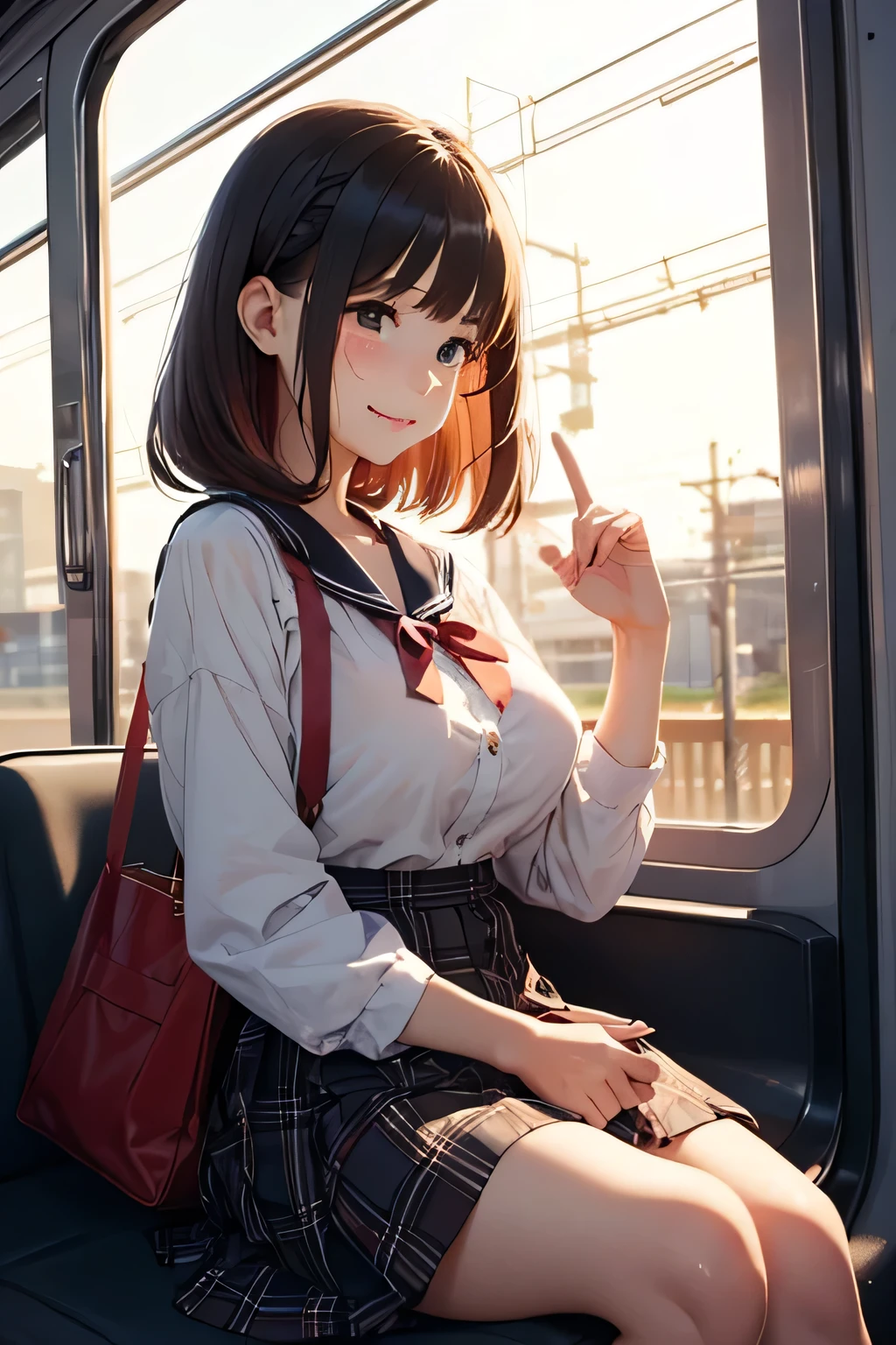 Anime girl sitting on a bus with her hand in her pocket - SeaArt AI
