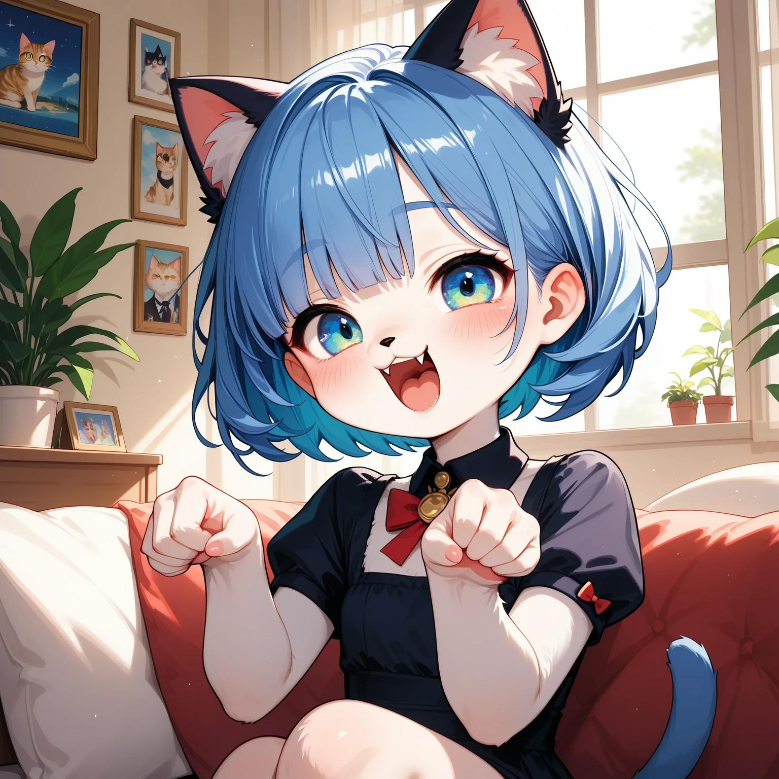 （masterpiece：1.2，high quality），8K，High resolution，An eleven-year-old girl，cute girl，cat ears，（（rainbow hair）），long hair， red eyes，one eye closed，ahoge，laughing，Fang out，Sitting on the sofa，Light blue short-sleeved top，white stockings：1.6，primary school student，thigh，alone，（（cat tail））