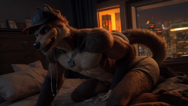 ((symmetrical eyes, dark retinas, simple eyes, large wide eyes)), ((solo)), anthro, male, (wolf), ((sexy, hairy body)), laying on side, shy, (tail:1.2), by blotch, by kenket, (masterpiece, 8k, (perfect hands), correct anatomy:1.2), detailed background, bed, dusk, tan fur, tail
