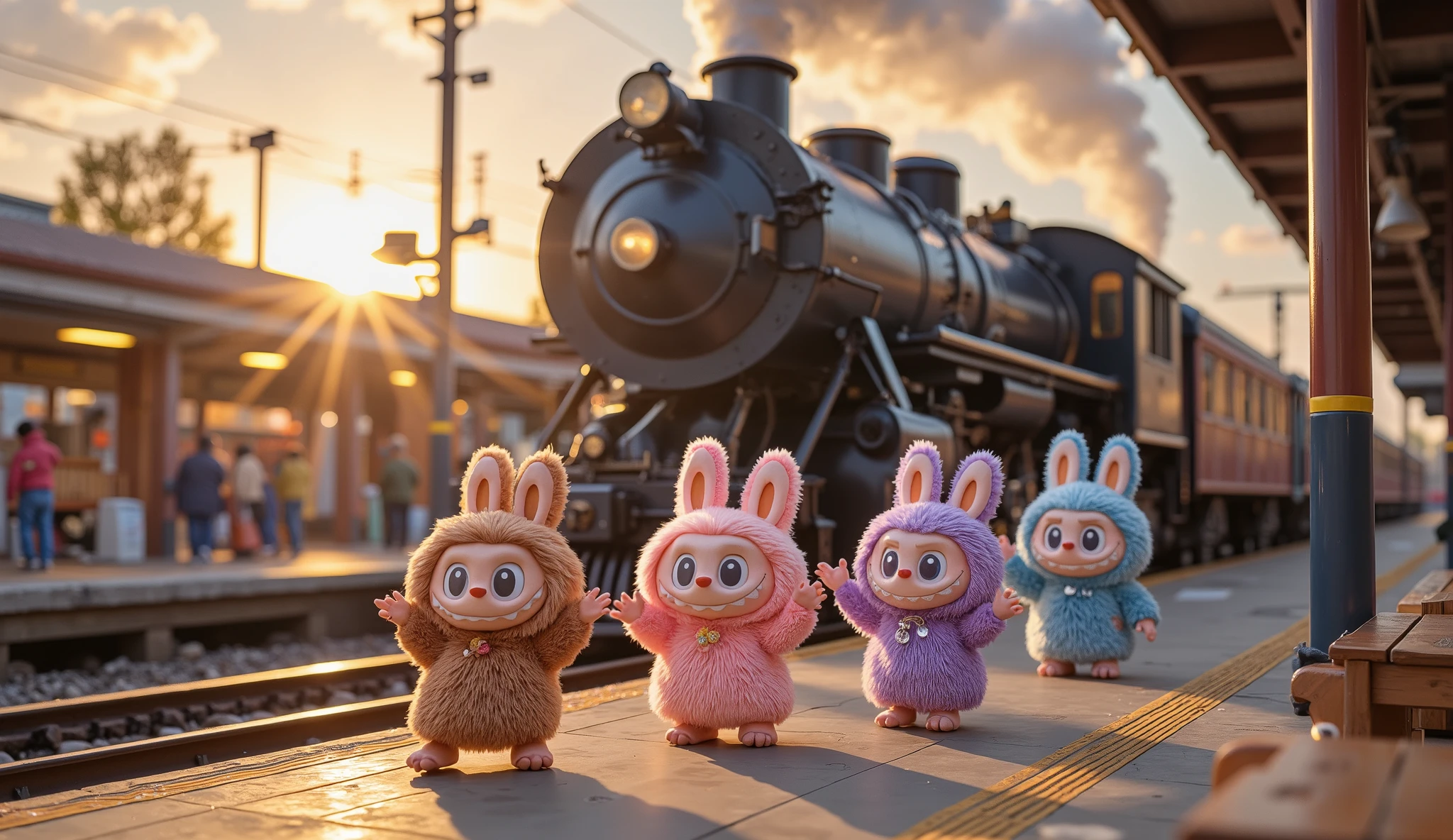 In the foreground, Labubu with brown, pink, purple, and blue fur stand together, excitedly waving their tiny hands. Their round eyes sparkle with joy, and their fluffy fur bounces slightly as they move with excitement. Each of them wears a wide, cheerful grin, their small feet firmly planted on the station platform as they eagerly prepare for their train journey.
Behind them, the grand steam train looms, its dark metal body gleaming under the warm afternoon sunlight. A thick plume of white steam rises into the air, curling above the locomotive before disappearing into the sky. The massive wheels rest on the sturdy tracks, and the deep chugging of the engine fills the air with a rhythmic, powerful sound. The train's whistle lets out a sharp, echoing call, signaling its upcoming departure.
The station is alive with subtle details—wooden benches sit empty along the platform, and yellow safety lines stretch along the edge. A gentle breeze carries the familiar scent of steam and metal, blending with the distant hum of the bustling railway. The sky is painted in warm shades of orange and pink as the sun begins its descent, casting long shadows over the platform.
The Labubu wave happily, their small hands moving in sync as they enjoy the moment. Their excitement is undeniable, their anticipation for the journey ahead filling the air with a sense of wonder and adventure. The train waits behind them, ready to carry them toward new and exciting destinations.