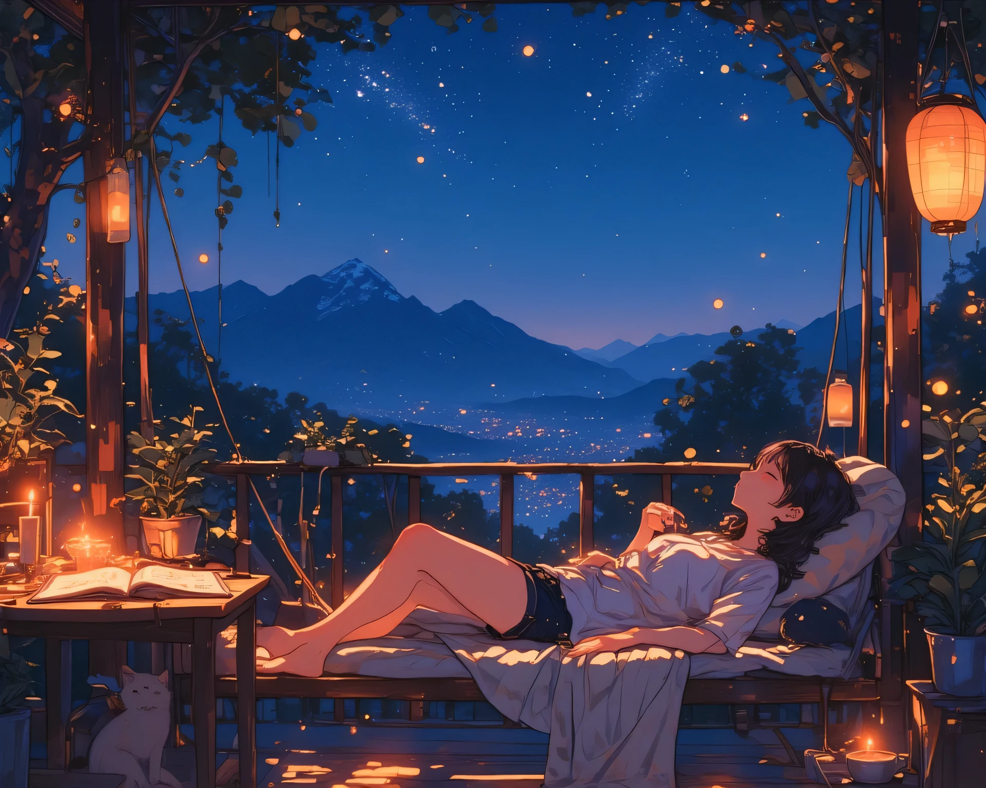 A young woman is lying on a cozy hanging swing in an open-air terrace, gazing at the peaceful starry night sky. She wears a loose blouse and soft shorts, partially covered by a light blanket. Her eyes are closed as she enjoys a moment of serenity, surrounded by warm, ambient lighting. A wooden table nearby holds a steaming cup of tea, an open book, and glasses. Flickering candles and a hanging paper lantern cast a gentle glow, while potted plants add a touch of nature. A small cat sleeps beside her, enhancing the peaceful atmosphere. The background reveals a breathtaking view of mountains under a vast, starlit sky. The scene is semi-realistic, with a dreamy, soft aesthetic and warm, tranquil lighting