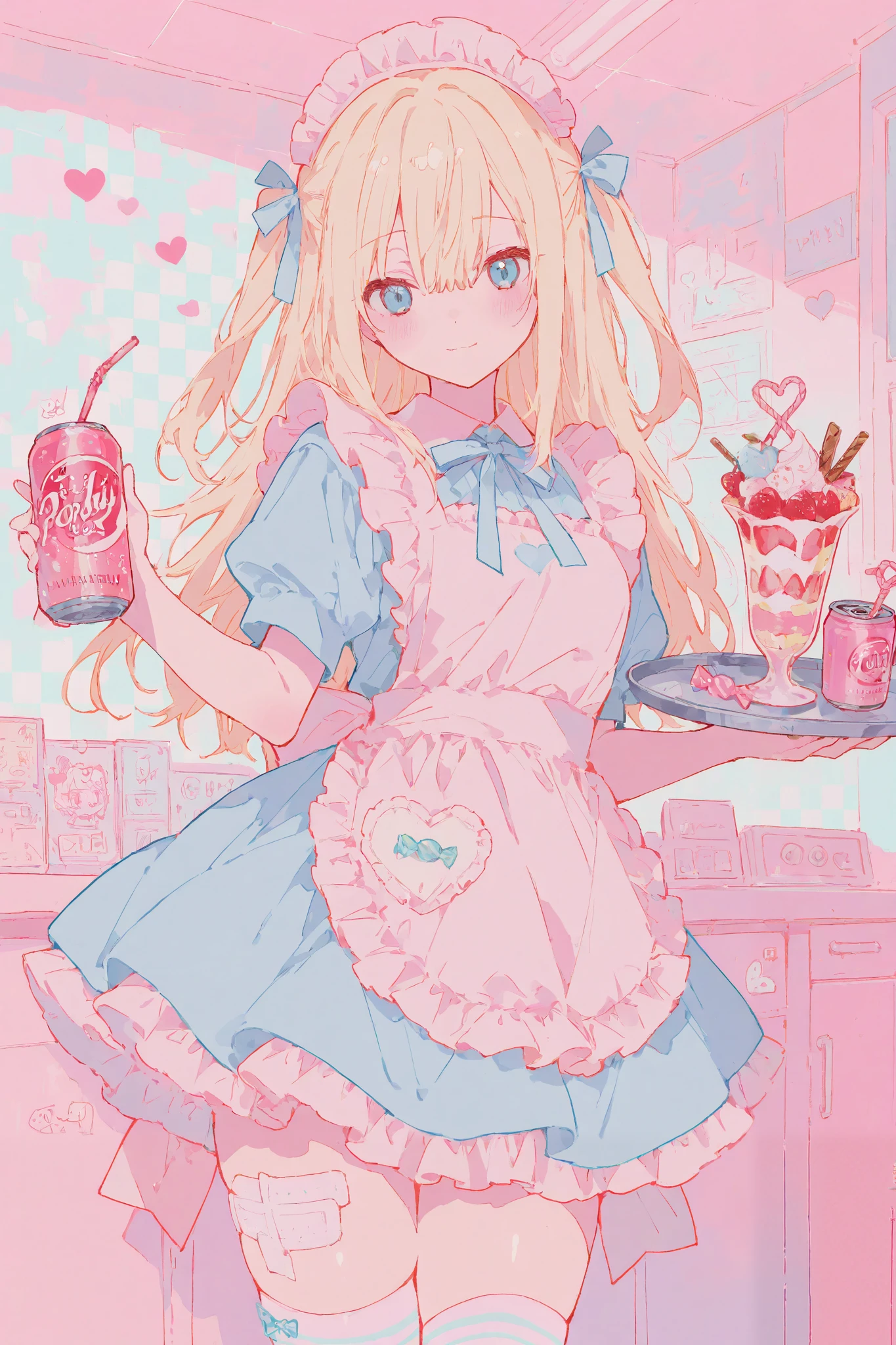 illustration, best quality, dramatic lighting, 00118_illu
,r17329_illu, 15546+456868,masterpiece, best quality, 8k, highres, ultra-detailed,HDR, UHD, illustration, best quality, pop art,
,1girl, long blonde hair, blue eyes, hair bow, cute maid outfit, frilly dress, apron, thigh-high socks, ribbons, holding drink, soda can, heart-shaped straw, holding tray, parfait, whipped cream, pastel colors, candy-themed accessories, bandage on thigh, cheerful expression, indoors, checkered wallpaper, soft lighting, kawaii aesthetic