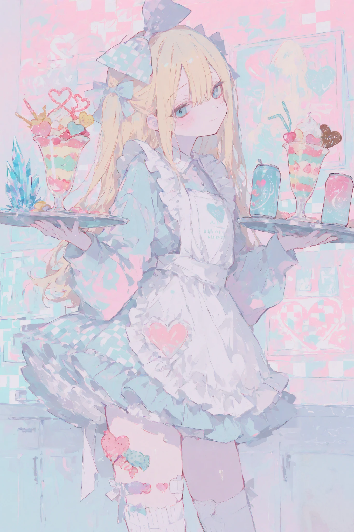 illustration, best quality, dramatic lighting, 00118_illu
,r17329_illu,usnr,masterpiece, best quality, 8k, highres, ultra-detailed,HDR, UHD, illustration, best quality, pop art,
,1girl, long blonde hair, blue eyes, hair bow, cute maid outfit, frilly dress, apron, thigh-high socks, ribbons, holding drink, soda can, heart-shaped straw, holding tray, parfait, whipped cream, pastel colors, candy-themed accessories, crystal bright wall,bandage on thigh, cheerful expression, indoors, checkered wallpaper, soft lighting, kawaii aesthetic