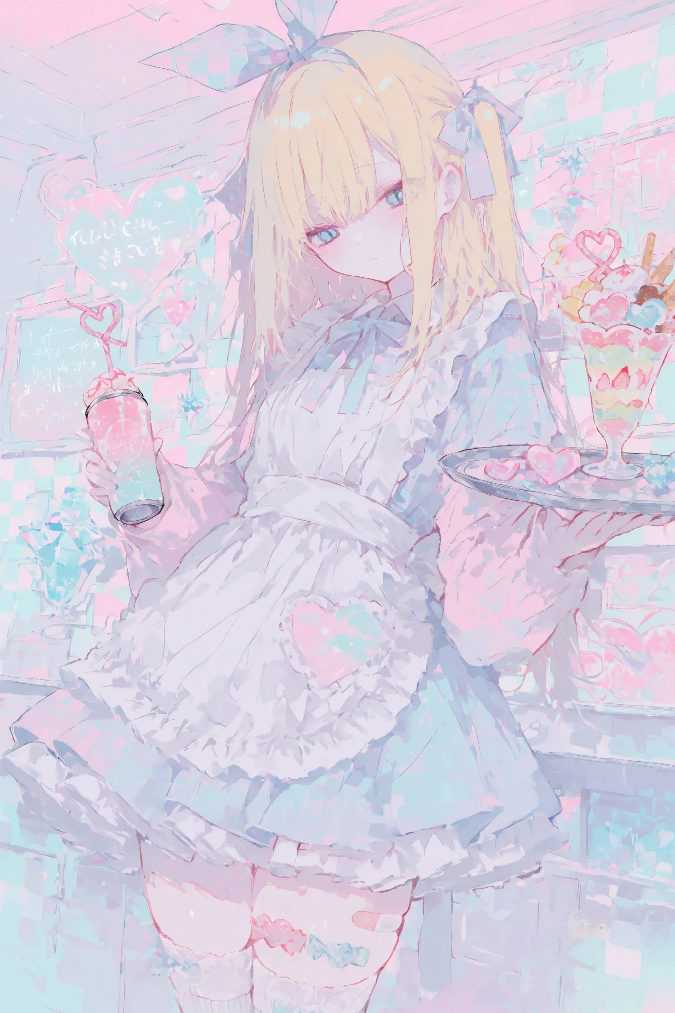 illustration, best quality, dramatic lighting, 00118_illu
,r17329_illu,usnr,masterpiece, best quality, 8k, highres, ultra-detailed,HDR, UHD, illustration, best quality,
,1girl, long blonde hair, blue eyes, hair bow, cute maid outfit, frilly dress, apron, thigh-high socks, ribbons, holding drink, soda can, heart-shaped straw, holding tray, parfait, whipped cream, pastel colors, candy-themed accessories, crystal bright wall,bandage on thigh, cheerful expression, indoors, checkered wallpaper, soft lighting, kawaii aesthetic