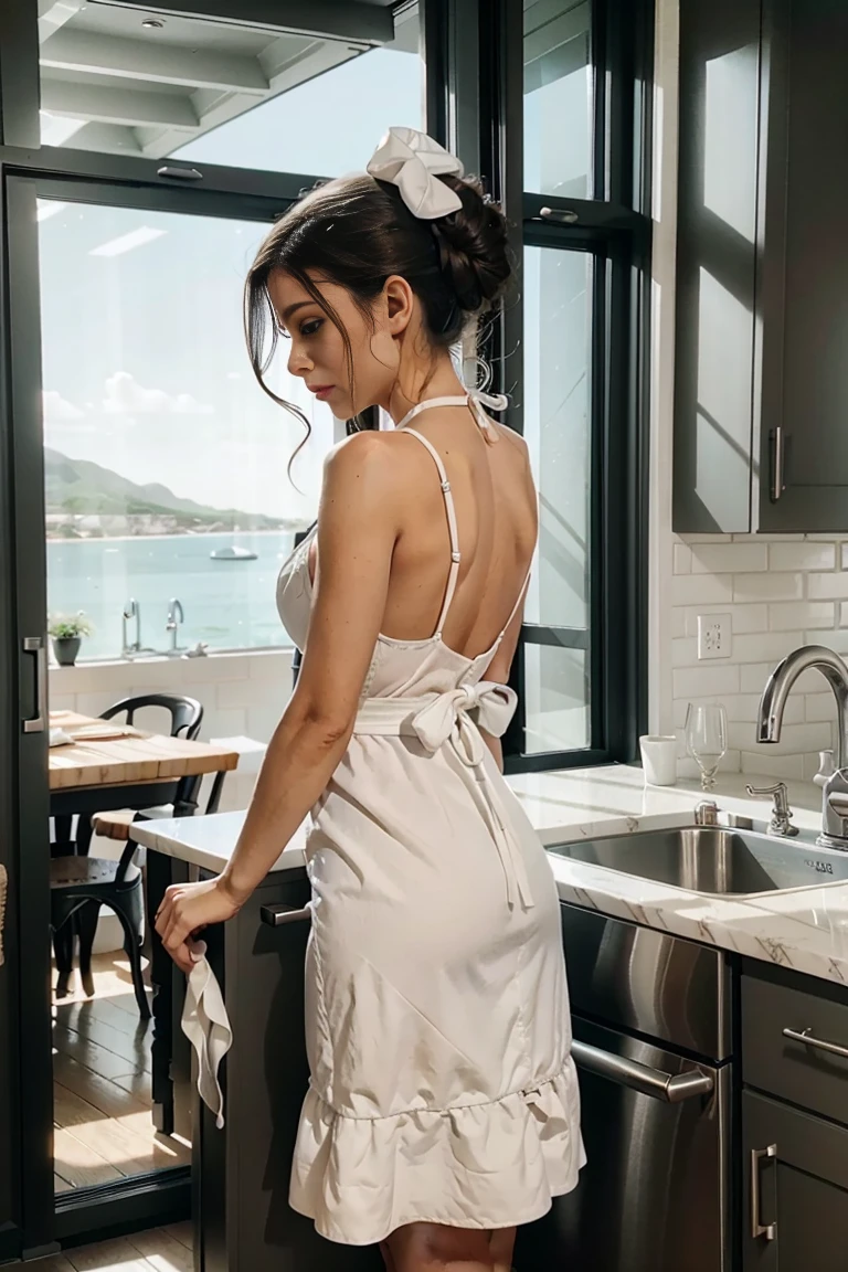 (4k photo:1.1), strong focus on face, high detail, smooth, porcelain complexion, with a radiant glow, angular jawline, high cheekbones, captivating hazel eyes, framed by long lashes, sleek chestnut hair cascading down her back, slender neck, shoulders, wearing a form-fitting dress that accentuates her curves, paired with elegant heels that elongate her legs, accessorized with delicate jewelry that adds a touch of sophistication