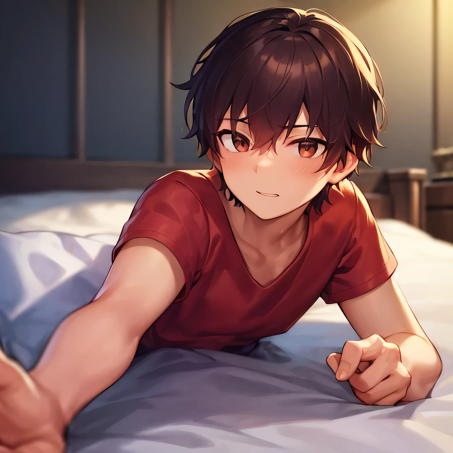 masterpiece、great quality、high resolution、Super Detail、 latest、The most detailed eyes、The most detailed face、Most detailed hair、Perfect Anatomy、HIGHLY DETAILED BODY、solo、 male、 manly、20 years old、Short Hair、 red shirt、Lying down、 Add、 on the bed、close-up