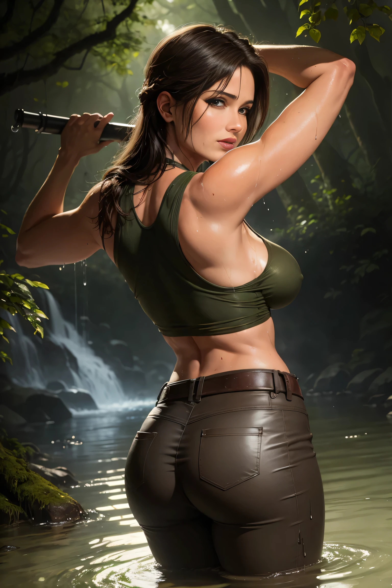 Rear view. Lara Croft standing waist-high in a river in the jungle at night. Wet body. Wet clothes. Wet see-through grey shirt. She is soaking wet. Wet hair. Beautiful face. Perfect anatomy. Arms by her side. Wearing skin tight Khaki trousers. Enigmatic smile. Nipples