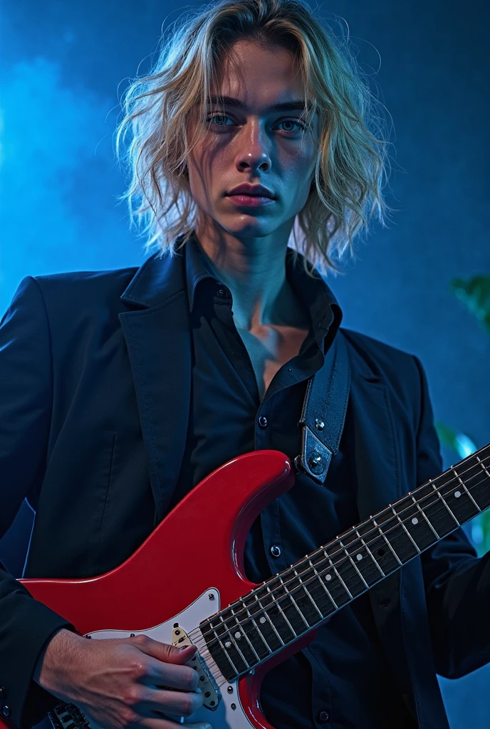 Can you make like a blonde boy with blue eyes like a guitarist stile and a red guitar with blue shade's but around -18
