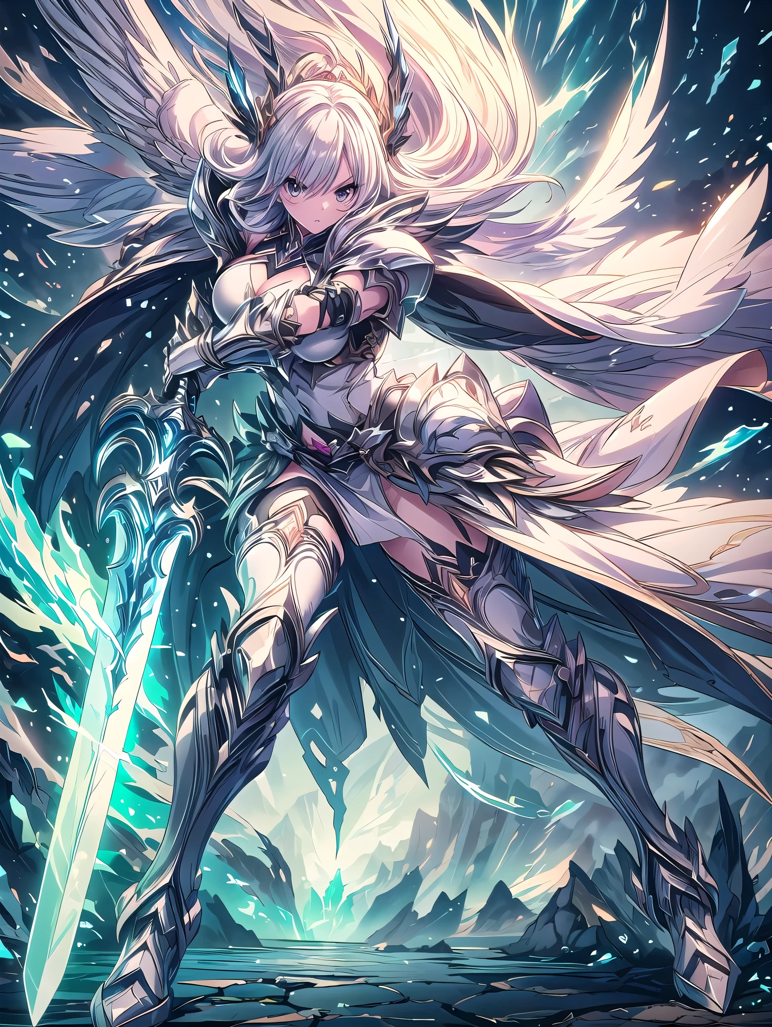 (((masterpiece, best quality, high detailed, 16k))), A girl holding a sword in her hand, female goddess, Ornate Sword, light and white divine sword, Planted Sword, (close-up of sword), black eyes, white hair, big breasts, white bikini dress, white cloak, powerful and fantastic full armor, cropped shoulders armor, plate armor, skinny waist, cleavage, thighs, thigh highs, glaring, weapon, (sword:1.3), fighting stance, dynamic angle, attack battle form, gripping, magnificent, epic, majestic, magical, fantasy art, cover art, hard wind blowing, falling from the sky. (detailed face), (detailed eyes), ((full body front view)), (extremely detailed:1.5)