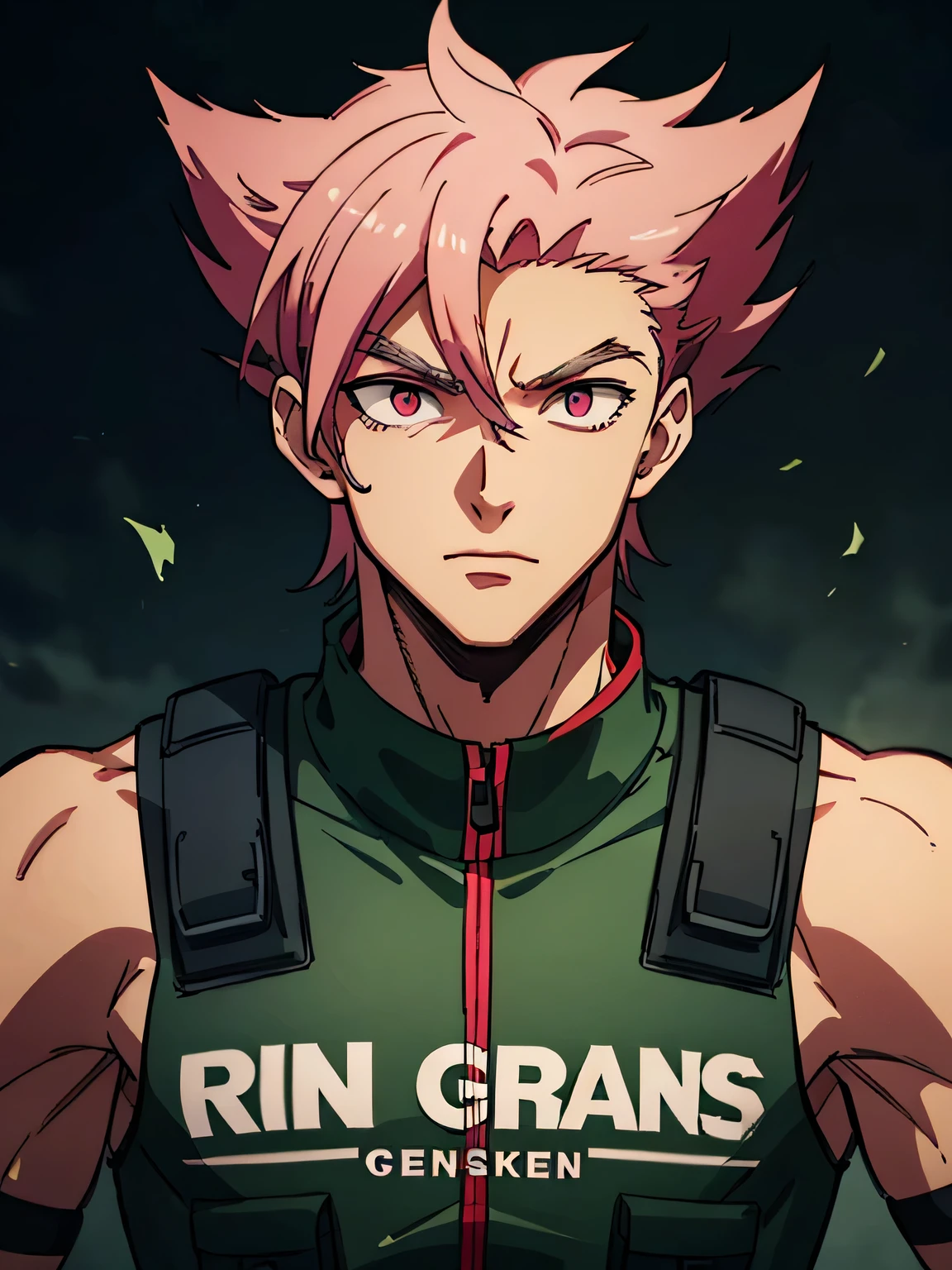22-year old man, german, muscular , Criminals , wear green cargo pants, wear a combat vest, pink hair color , eyeball color green, cruel , a lot of crap, riot background , half body , front facing