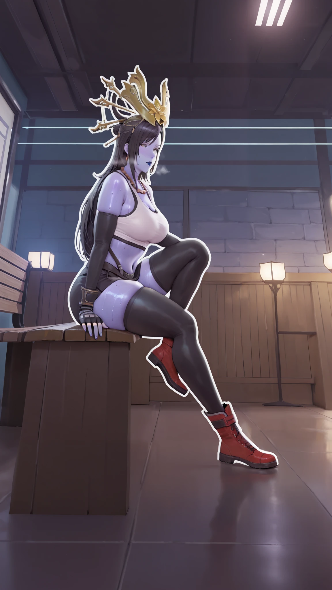 1girl, sofa, sitting, legs crossed, bodysuit, black bodysuit, bare arms, bare shoulders, (large breasts:1.2), yoruichi shihouin, dark skin, dark-skinned female, ponytail, purple hair, yellow eyes, (black leotard:1.4), thighhighs, full body, ((Leg Crossing ))