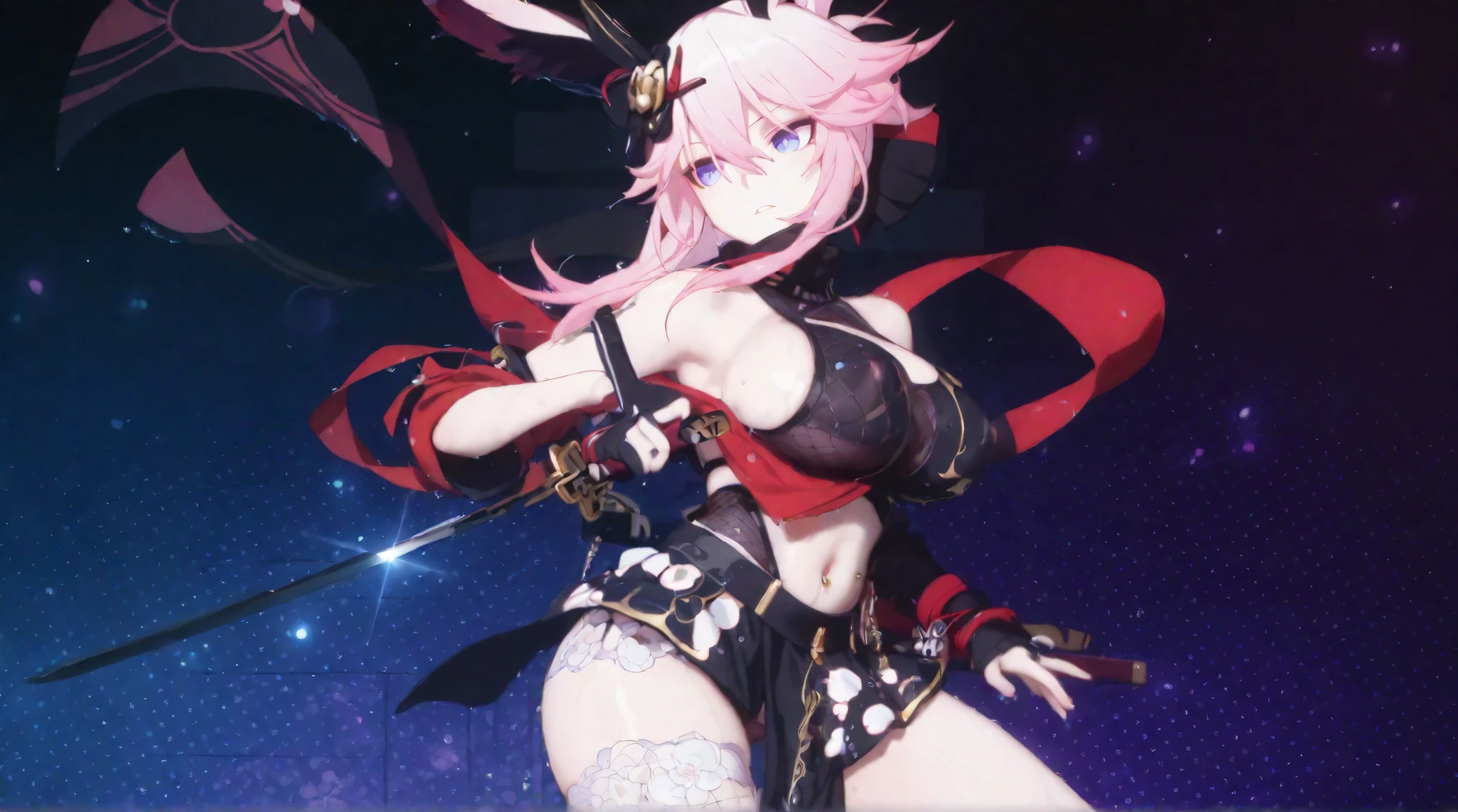 Anime girl with pink hair and rabbit ears Ryuko Matoi, video game character Katana Zero, Mika Kurai Demon, Haruno Sakura, attractive Matoi Ryuko, Seductive Anime Girl, inspired by Hirosada II, Anime Monster Girl, Girl Female Action Anime, Gapmoe Yandere, Anime Moe Artstyle, Made with Anime Painter Studio Full Body Read Thighs Big Breasts Perfect High Resolution