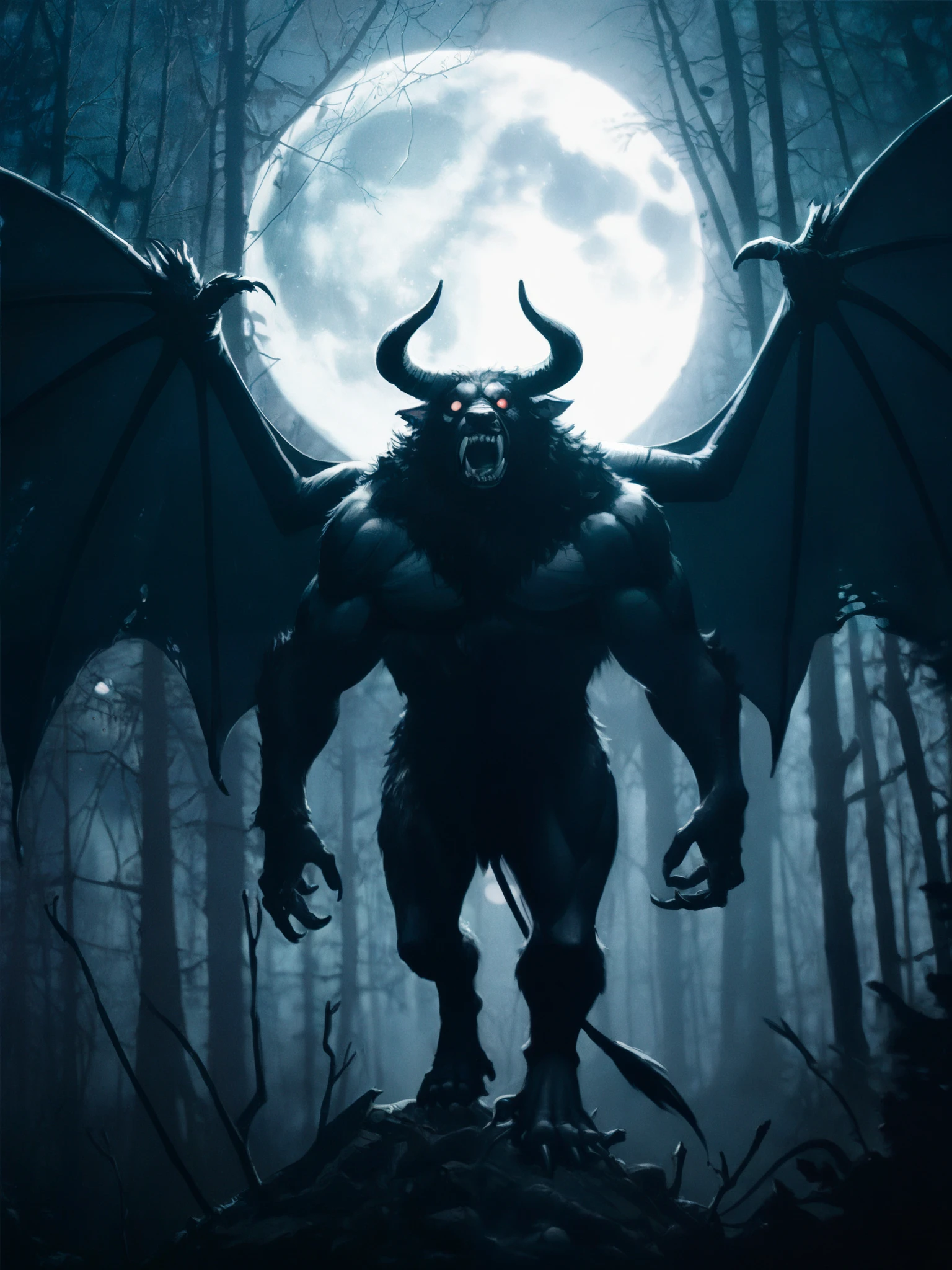 ( Masterpiece:1.2,  Exceptional quality  , Cinematic Experience ,  best illustration :2.0, Very detailed.2.0), 8K16K, wallpaper,[anthropo ::0.3][Minotaur]horror,Alone, zodd \(berserk\),monster, creature, monochrome, claws, fangs, Horns,giant bat wings,eyes, feet from the bottom, Full Moon,(ravenous roar),saliba ,(forest)