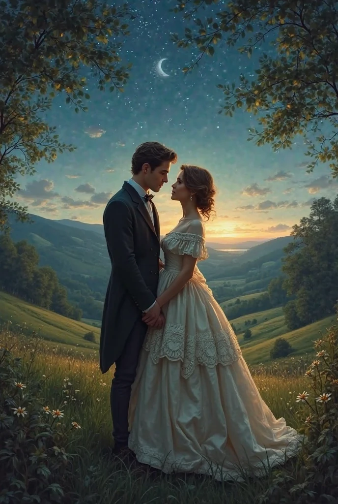 A blond girl with wavy hair and a flowery dress hugs a tall brunette man in military uniform against the night sky old photo style