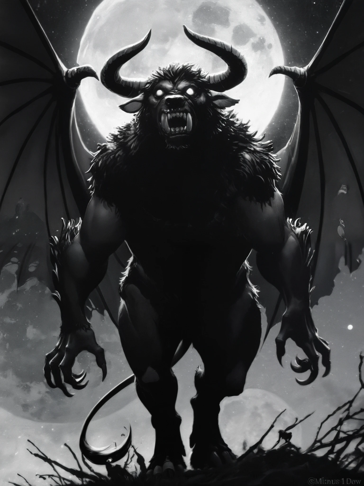 ( Masterpiece:1.2,  Exceptional quality  , Cinematic Experience ,  best illustration :2.0, Very detailed.2.0), 8K16K, wallpaper,[anthropo ::0.3][Minotaur]horror,Alone, zodd \(berserk\),monster, creature, monochrome, claws, fangs, Horns,giant bat wings,eyes, feet from the bottom, Full Moon,(ravenous roar)