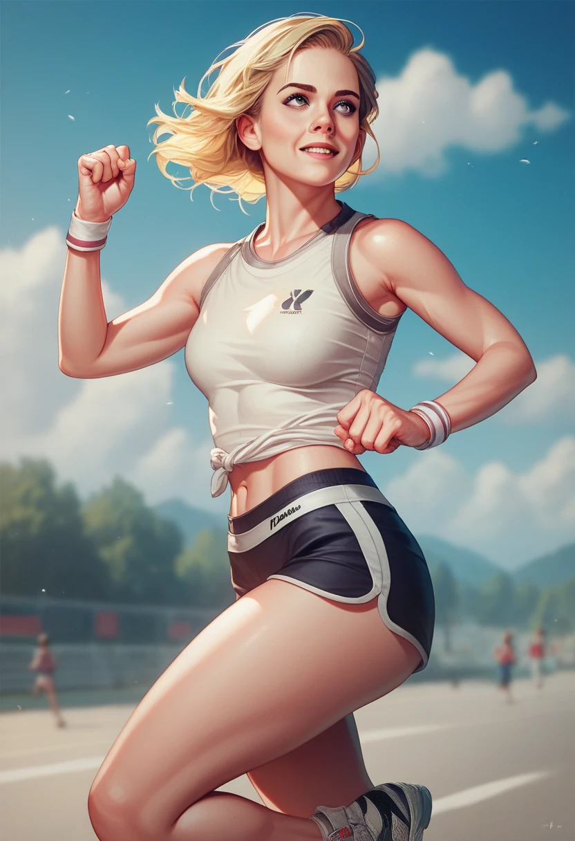 beautiful woman, athletic, blonde hair, long curly hair. green eyes, light skin, white halter crop top, tight leather pants, walking in a verdant public park surrounded by skyscrapers, (solo), realistic