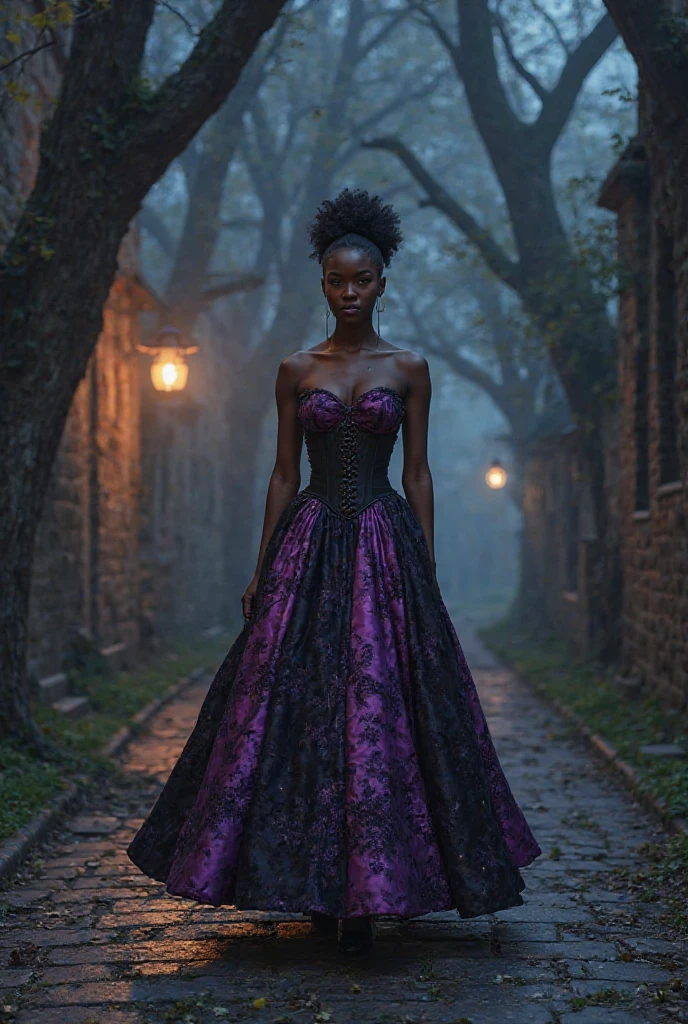 Field of thorns with a black teenage girl with curly hair wearing a long black and purple dress. Clear scenario, sunlight in the background shining in purple