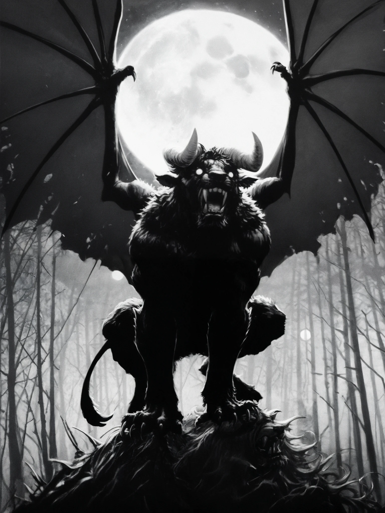 ( Masterpiece:1.2,  Exceptional quality  , Cinematic Experience ,  best illustration :2.0, Very detailed.2.0), 8K16K, wallpaper,[anthropo ::0.3][Minotaur]horror,Alone, zodd \(berserk\),monster, creature, monochrome, claws, fangs, Horns,giant bat wings,eyes, feet from the bottom, Full Moon,(ravenous roar),saliba ,(forest)