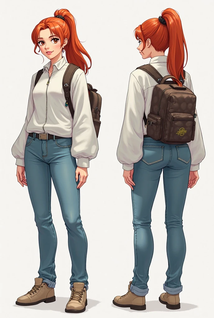 (Draw) ((masutepiece, Best Quality)) (CharacterDesignSheet, Same character, front, Side, Back, In the written word around it) A woman with long, Red hair and ponytail hairstyle, Brown eyes, Wear a bulletproof vest, Long sleeve T-shirt with closed zipper, white shirt and jeans, backpack, Stand and relax