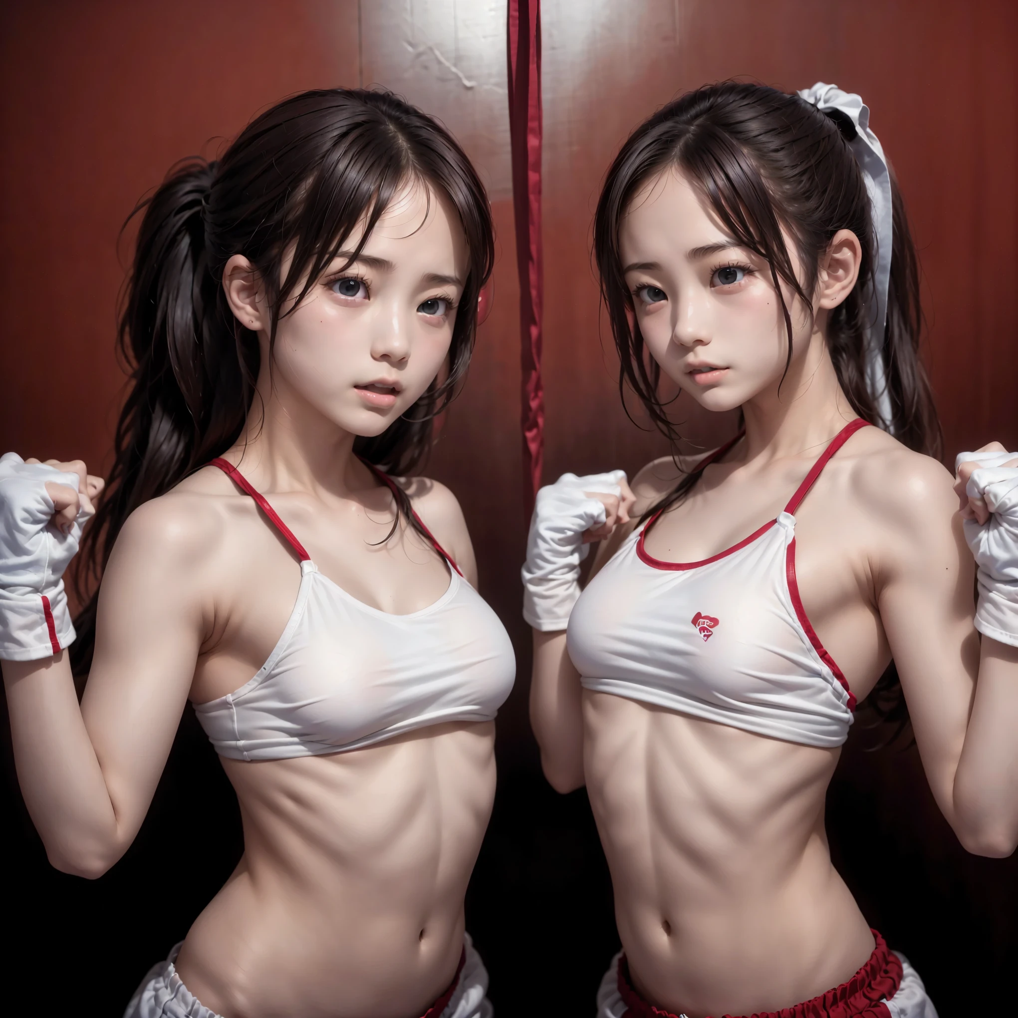 2 girls are topless boxing、2 cute Japanese girls boxing、Topless Boxing、(flat chested:1.3)、 red boxing gloves 、 beautiful abs