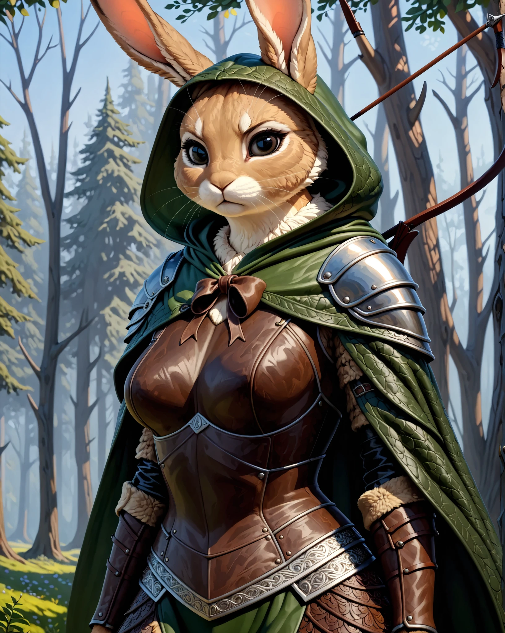 masterpiece, absurdres, hyper detailed, 4k, UHD, (((solo))) beautiful, 1Female, Light_Brown rabbit, Black eyes, (serious look) Hunter, Leather armor, Green-Cloak, Holding a bow, Standing, upper body,