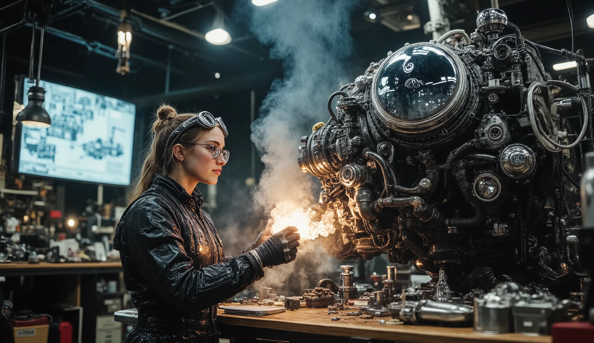 A young woman wearing pilot glasses, dressed in a steampunk mechanical jumpsuit, works intensely on the engine of a gigantic futuristic vehicle. Her workshop is full of advanced tools, mechanical parts and metal structures that shine with warm light. In the background, You can see the huge walls of the workshop covered with holographic screens showing vehicle designs and plans. The engine of the vehicle, a technological wonder, emits soft flashes of light while she emits soft flashes of light adjust your components with precision. The atmosphere is dense, with steam that rises from the machines, and a A mix of old and advanced technology that creates an impressive sense of visual depth. The scene is full of details, illuminated with lights that contrast perfectly with the shadows, and has a very marked retro-futuristic tone.