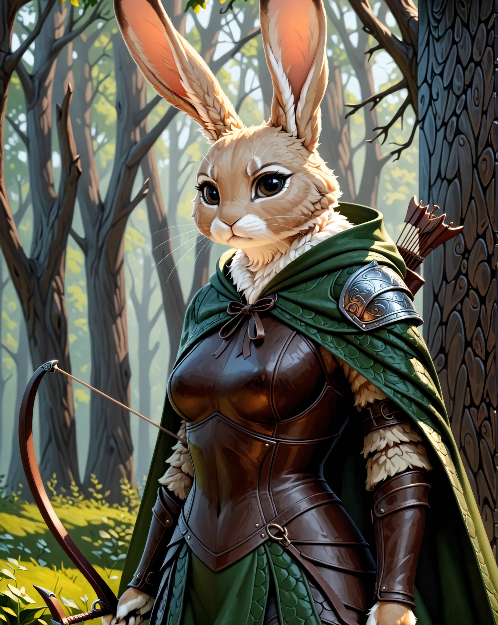 masterpiece, absurdres, hyper detailed, 4k, UHD, (((solo))) beautiful, 1Female, Light_Brown rabbit, Black eyes, (serious look) Hunter, Leather armor, Green-Cloak, Holding a bow, Standing, upper body,