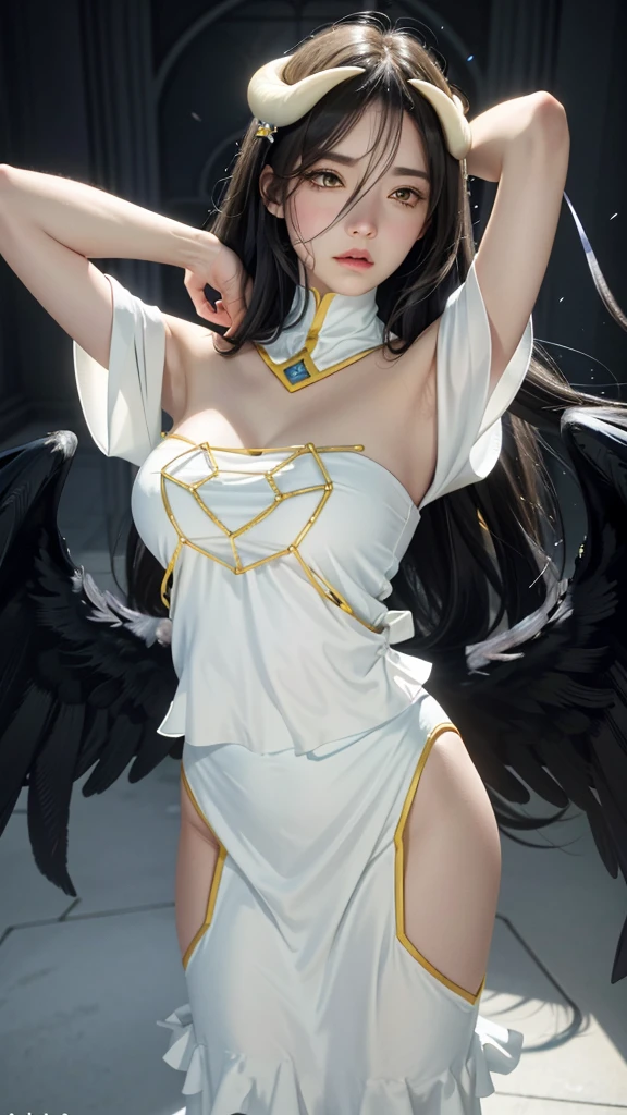 1girl, breasts, solo, horns, long hair, albedo (overlord), wings, large breasts, dress, hip vent, black wings, white gloves, gloves, looking at viewer, black hair, white dress, bare shoulders, hair between eyes, yellow eyes, feathered wings, demon horns, smile, feathers, demon girl, cleavage, slit pupils, detached collar, bangs, very long hair, closed mouth, black feathers, cowboy shot, covered navel, elbow gloves, white horns, standing, demon wings