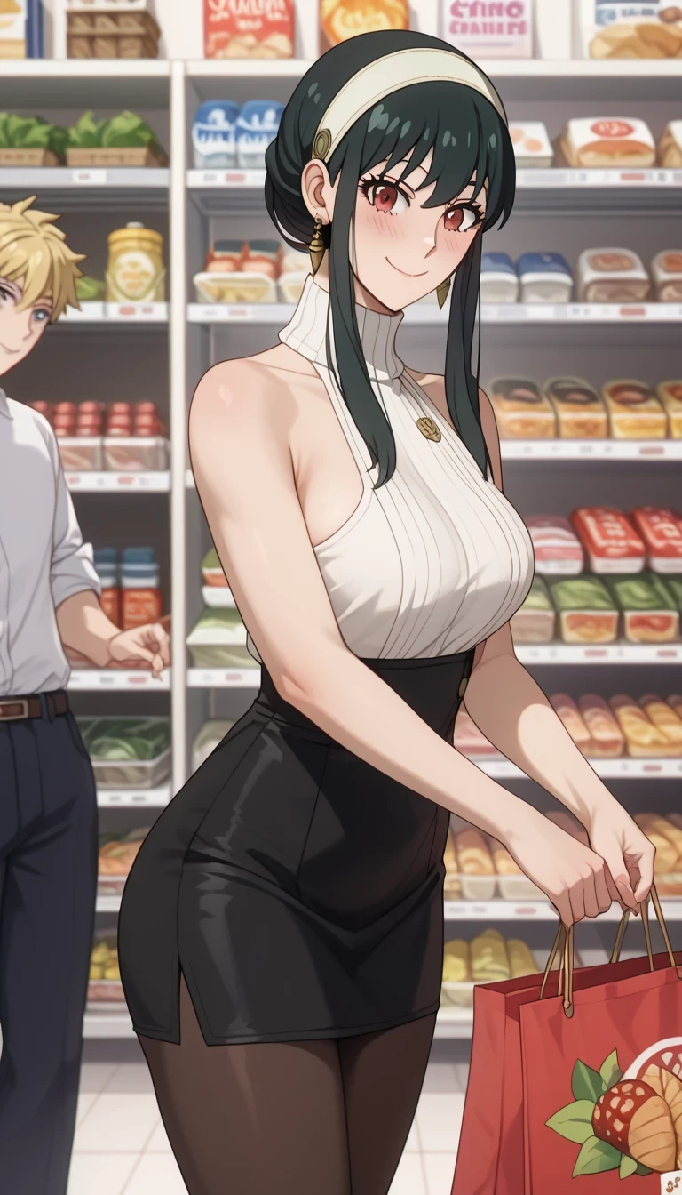 score_9, score_8_up, score_7_up, source_ anime、TOP QUALITY、8k、 masterpiece、Ultra High Definition、 natural light、Perfect Anatomy、 one woman、saggy breasts、Yor Forger、 dark hair、 cute face、smile、( sleeveless rib knit、 high neck)、 micro pencil skirt、pantyhose、 supermarket、Go shopping