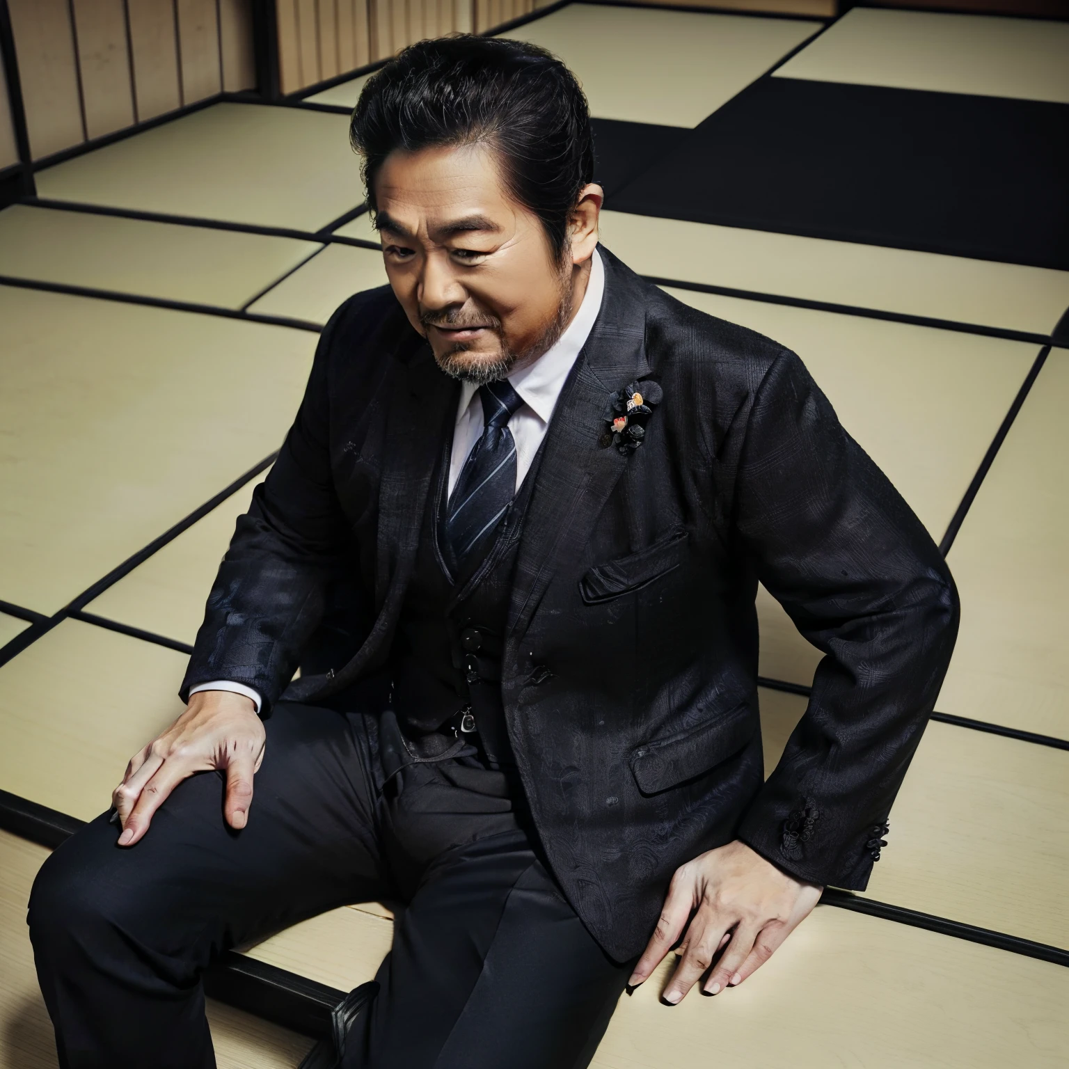 60 years old、 One Man.obesity、 business suit、black slim trousers、Raid、Mountain hut。sit on tatami、logic, , very short hair、Iron perm、Beard、 View from below the crotch part of his pants is bulging upper body erections black socks、Bulge、((((( Japanese)))))、